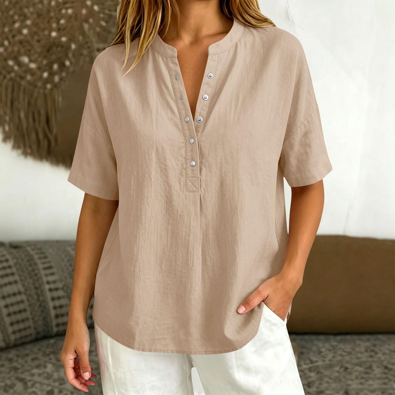 Chemise Femme Manche Courte Coton Lin - Blouse Femme Chic Et éLéGante Col en V Chemisier BoutonnéE avec Poche LâChe Grande Haut LéGer Et DéContracté Travail Couleur Unie