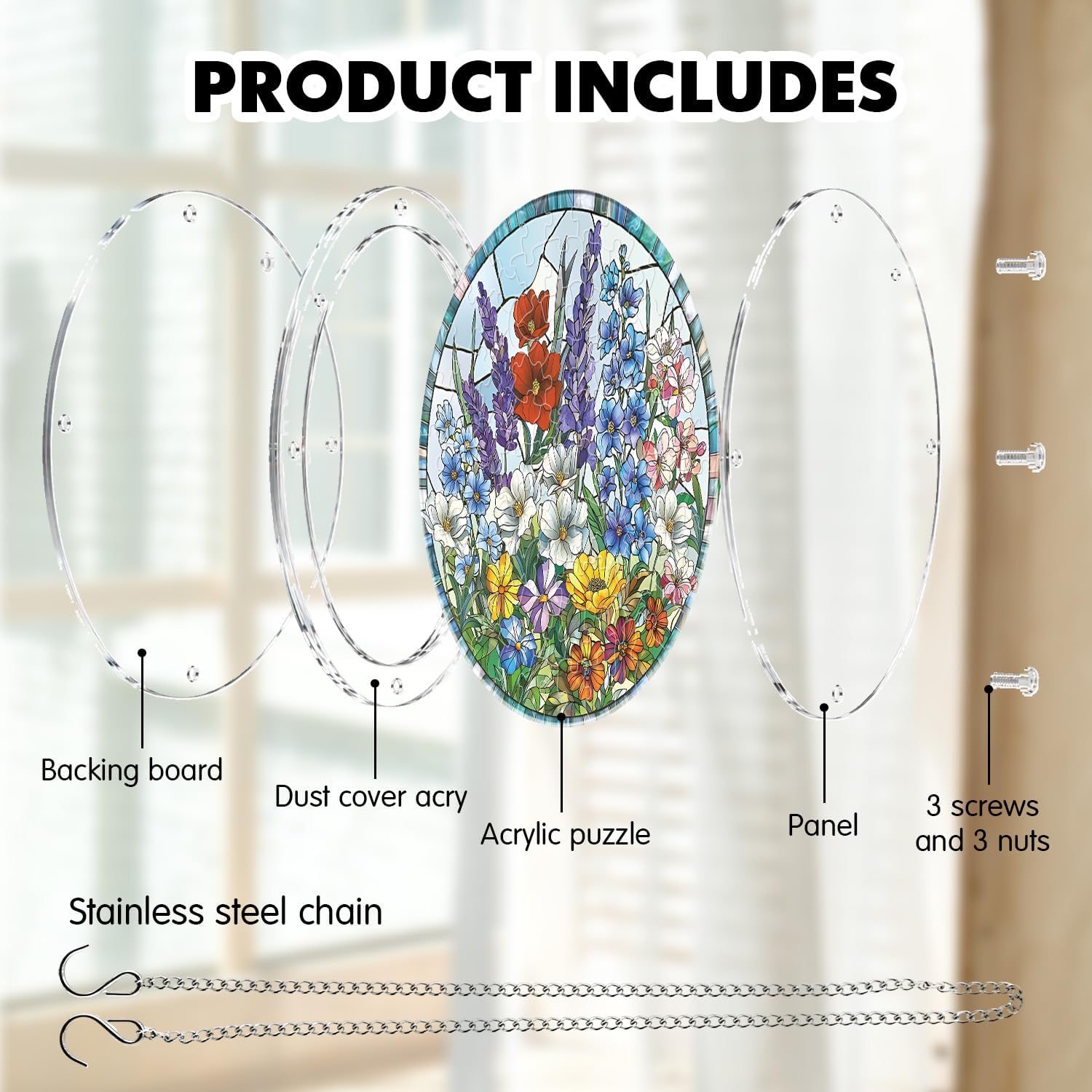Wildflower Acrylic Puzzle Suncatcher,Floral Sun Catcher Puzzle Kit for Adults,DIY Window Hanging Suncatcher Puzzles,Garden Room Decor,Lovely Gifts for Women Mom Friends,7.3 in