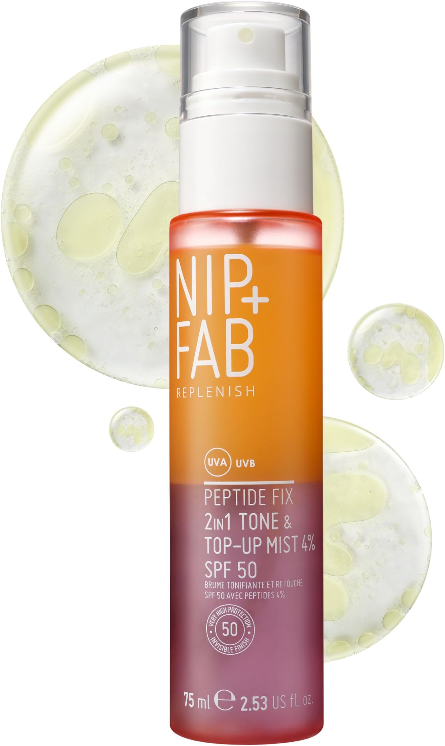 Peptide Fix 2-in-1 Tone & Top-Up Mist, 4% SPF 50, Replenish and Rehydrate Your Skin, Top-Up your Sun Protection On-The-Go, SPF Top-Up Over Makeup, 75ml