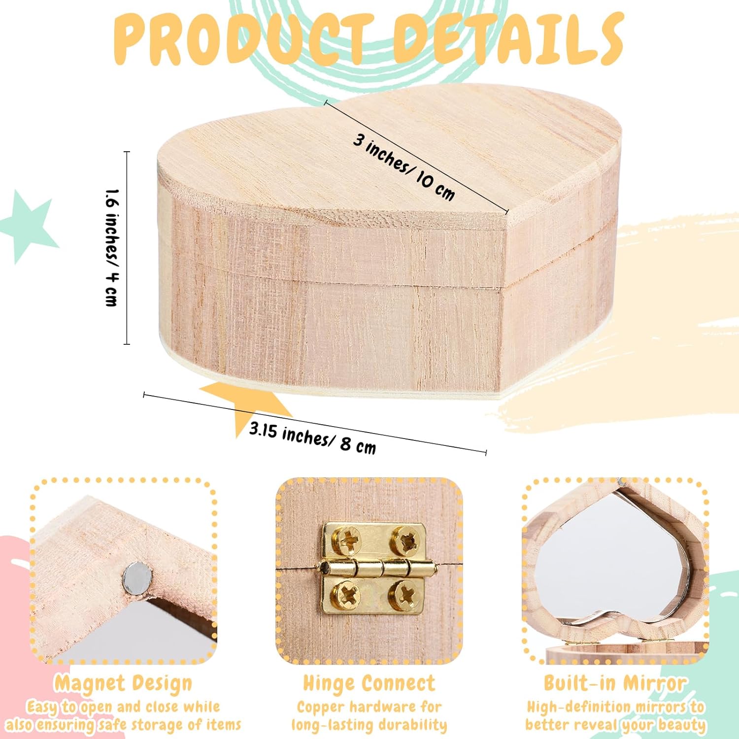 Kigley 24 Set Unfinished Wooden Box Heart Crafts Treasure Box with Mirror Rhinestones Stickers for DIY Jewelry Keepsake Storage Art Crafts Paint Summer Party Favor Suitable for 15+ Adult