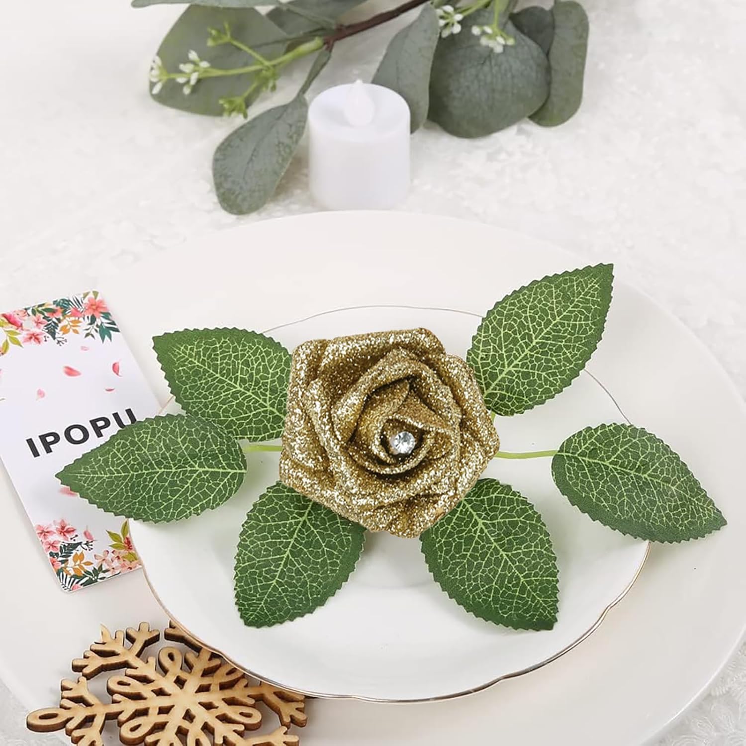 IPOPU Gold Roses,25PCS Glitter Roses Bouquet Gold Artificial Roses with Crystal for Christmas Wedding Bouquet Home Party Decoration(Gold) - Image 8