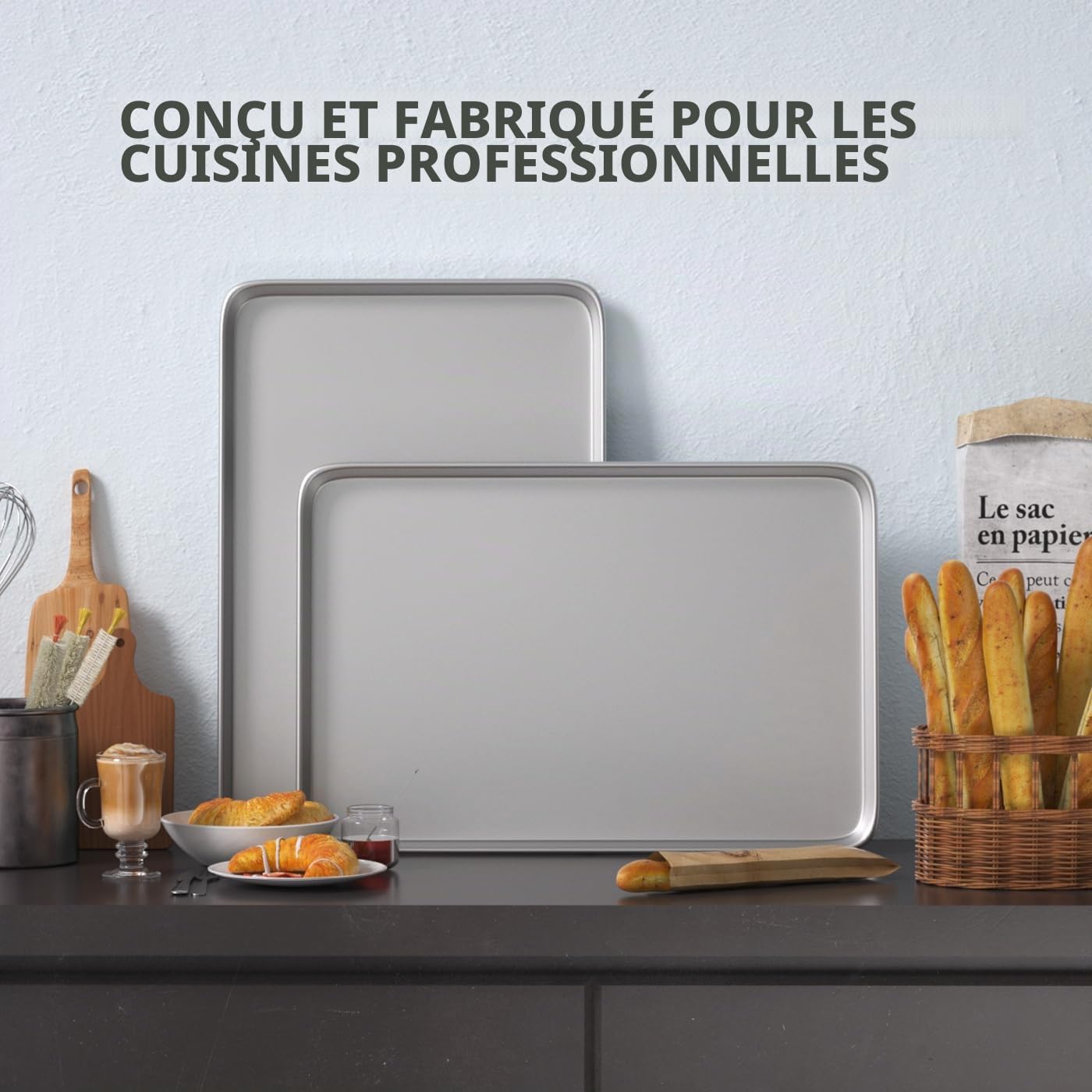 CROSSON 3PCS Plaque de Cuisson en Acier Inoxydable 60 x 40 x 3 cm Grande Capacité,Antiadhésives Rectangulaires Bac Cuisson Résistance aux Hautes Températures pour Boulangerie,Hôtel,Restaurant
