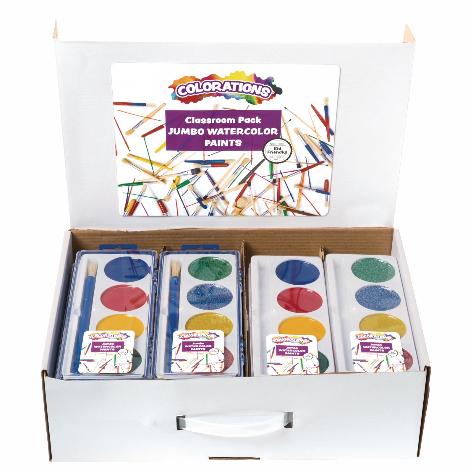 Colorations Jumbo Washable Watercolor Classroom Pack (60 Piece Set) - Includes Regular and Glitter Watercolor Trays, Refills, Brushes, Storage Case - Always Have Refills on Hand - Great for Groups
