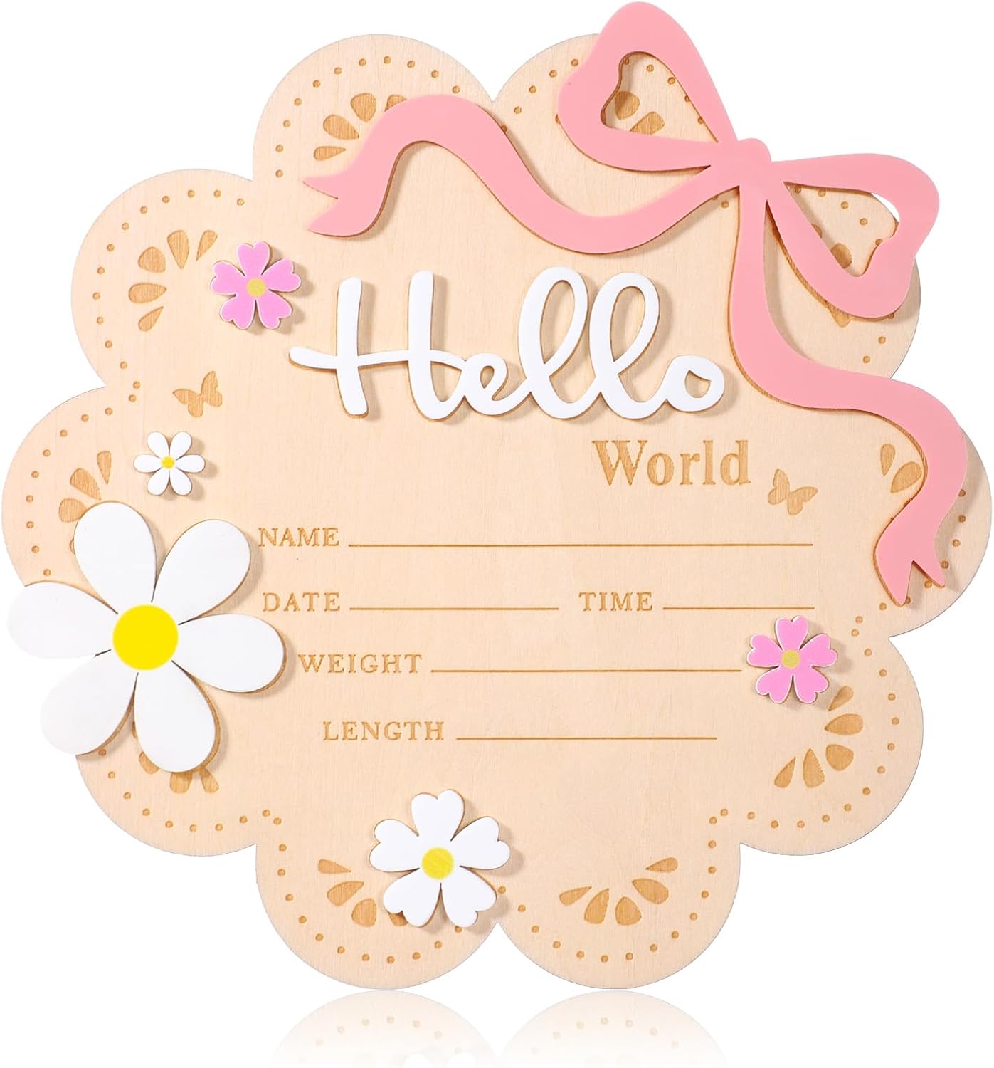 Wooden Newborn Announcement Sign, Butterfly Daisy Hello World Board, Newborn Welcome Signs with Butterfly and Daisy Decorations, Baby Name Plaque Board for Babies Shower, Hospital and Nursery Decor