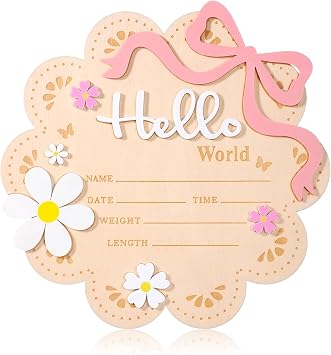 Wooden Newborn Announcement Sign, Butterfly Daisy Hello World Board, Newborn Welcome Signs with Butterfly and Daisy Decorations, Baby Name Plaque Board for Babies Shower, Hospital and Nursery Decor