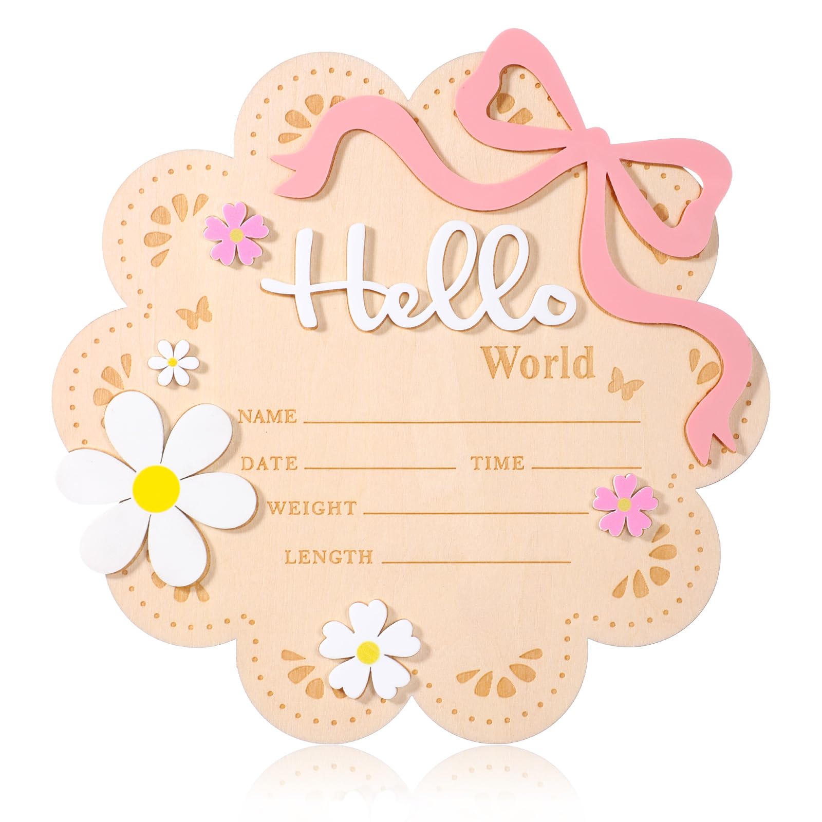 Wooden Newborn Announcement Sign, Butterfly Daisy Hello World Board, Newborn Welcome Signs with Butterfly and Daisy Decorations, Baby Name Plaque Board for Babies Shower, Hospital and Nursery Decor
