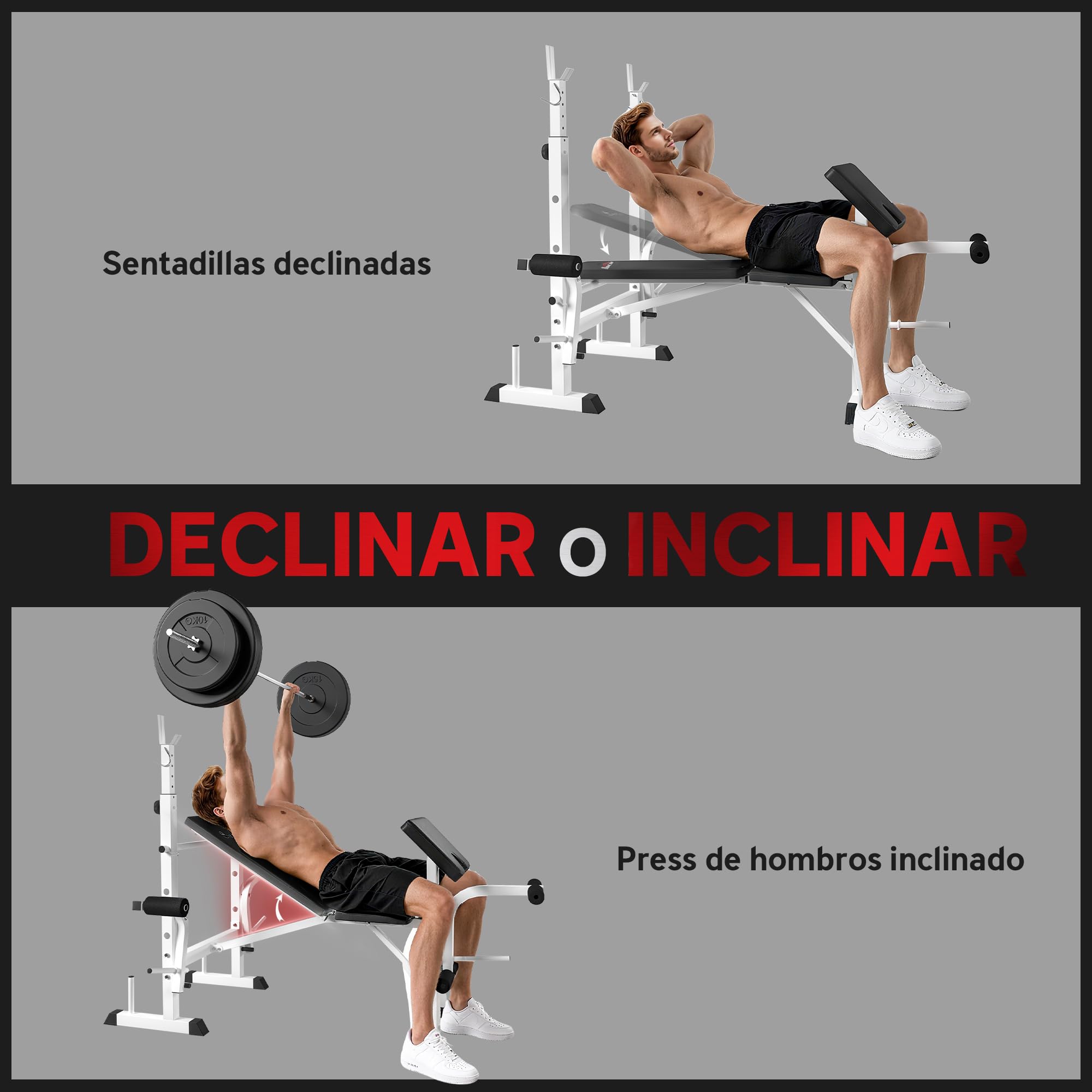 HOMCOM Banco de Musculación Multifuncional Inclinable, Banco de Pesas, Press Banca con Soporte para Barra Ajustable, Extensión de Piernas, Curl de Predicador, Mariposa, Entrenamiento en Casa, Gimnasio