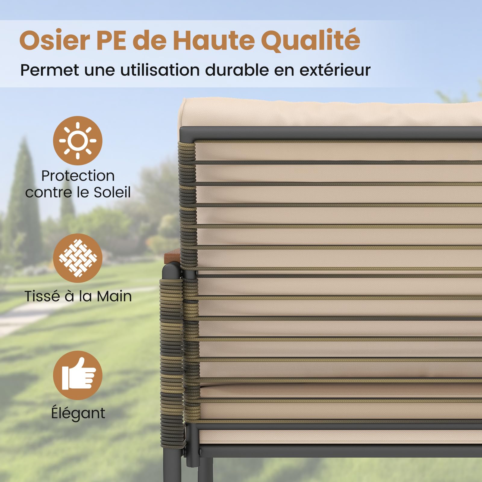 COSTWAY Ensemble de Mobilier de Jardin 5 Pièces, Salon de Jardin en Rotin PE avec Coussins 2 Ottomanes Table Basse en Verre Trempé, Meuble Extérieur pour Patio Cour Terrasse (Marron+Beige)