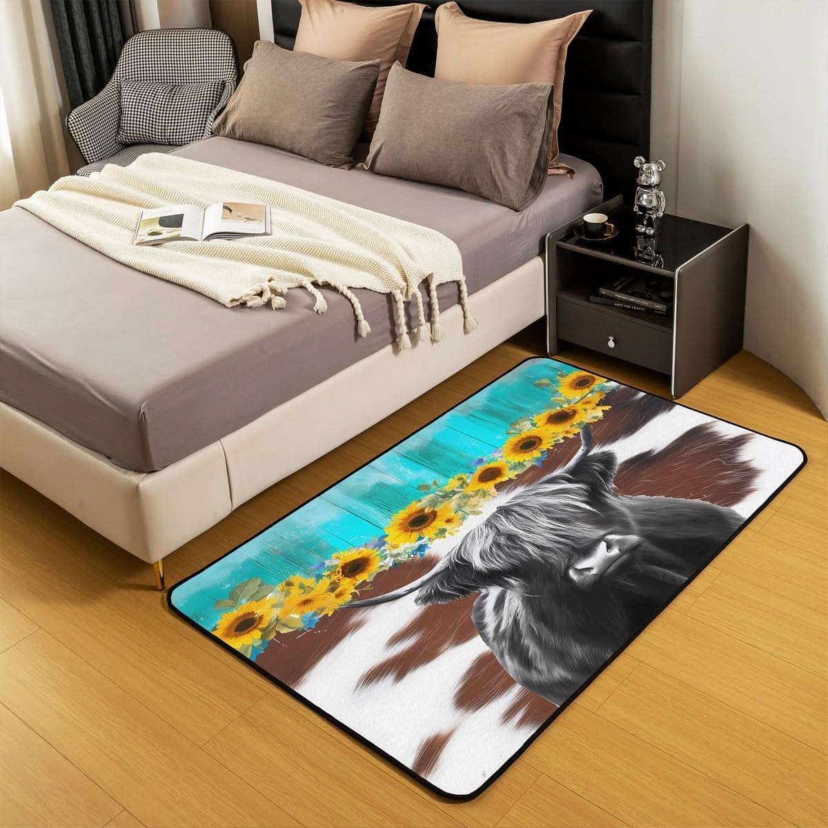 Highland Cow Area Rug for Kids Boys Girls Sunflower Decorative Carpet Set 3x5 Cow Fur Print Living Room Rugs Bedroom Decor Farmhouse Animal Blue Yellow Indoor Floor Mat Bedding Collection