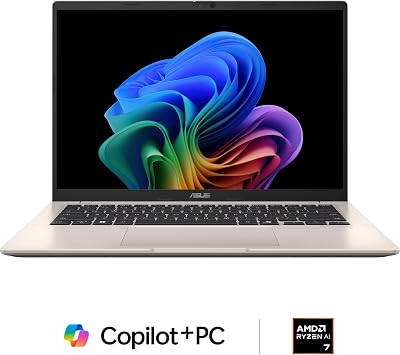 ASUS Vivobook 14 Laptop, Copilot+ PC, 14 WUXGA 60Hz Display, AMD Ryzen AI 7 350 with XDNA NPU, AMD Radeon Graphics, 16GB RAM, 512GB SSD, Platinum Gold, M1407KA-PS74