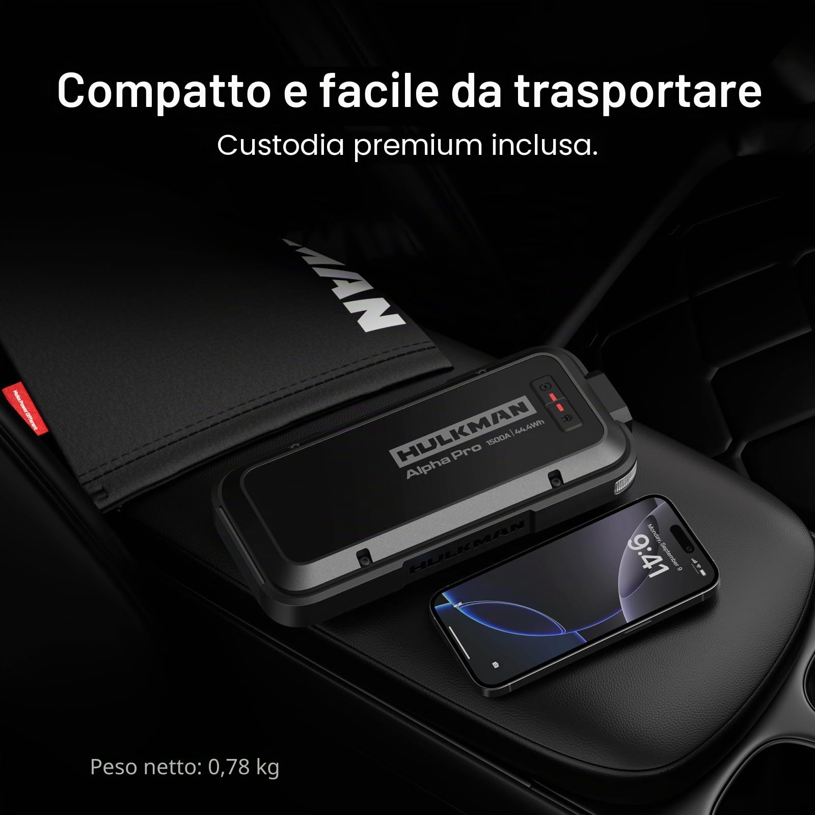 Hulkman Alpha Pro, nero solido. Avviatore smart per batterie 1500A, 44.4Wh. Con display LED 3.3". Batteria portatile auto, carica e scarica PD65W, 12V. Adatta per motori a gas 7.5L e diesel 4.5L