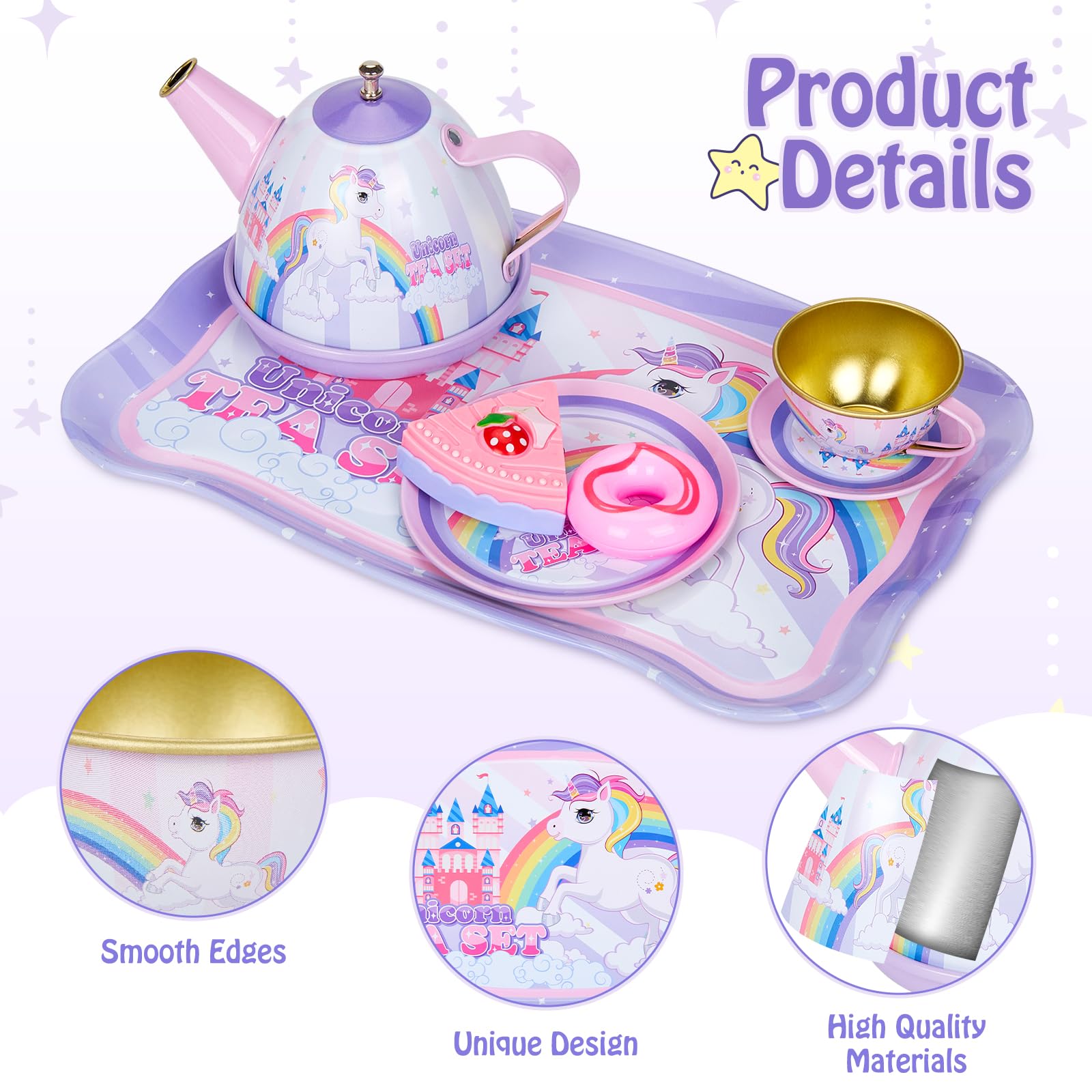 Set da tè per bambini, 33 PCS Set Cucina Bambini da Festa del tè con Vassoio per Cibo e Dessert Teiera Accessori da Cucina per Bambini Ragazze Gioco di Finzione,Unicorno