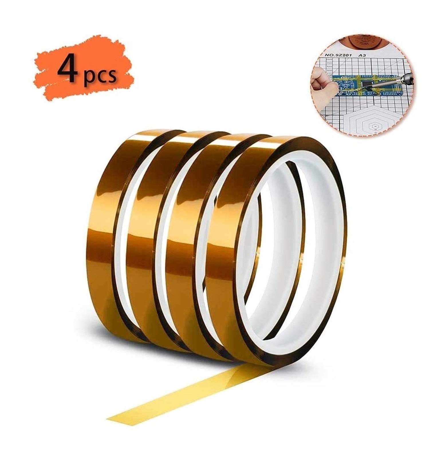 Cinta resistente a altas temperaturas, paquete de 4 cintas de poliimida 12 mm x 33 m, cinta de sublimación, cinta de transferencia térmica, impresoras 3D, etc. hasta 280 ℃