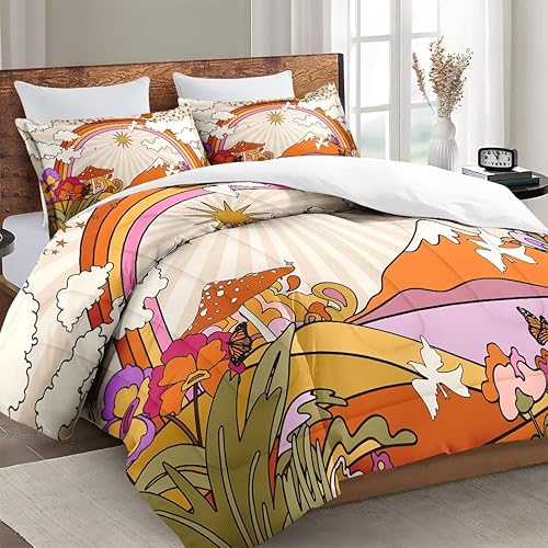 Miniatura 3 de Juego de edredón con 2 fundas de almohada, tamaño matrimonial, diseño retro hippie de flores, sol, arcoíris, decoración de ropa de cama de los años