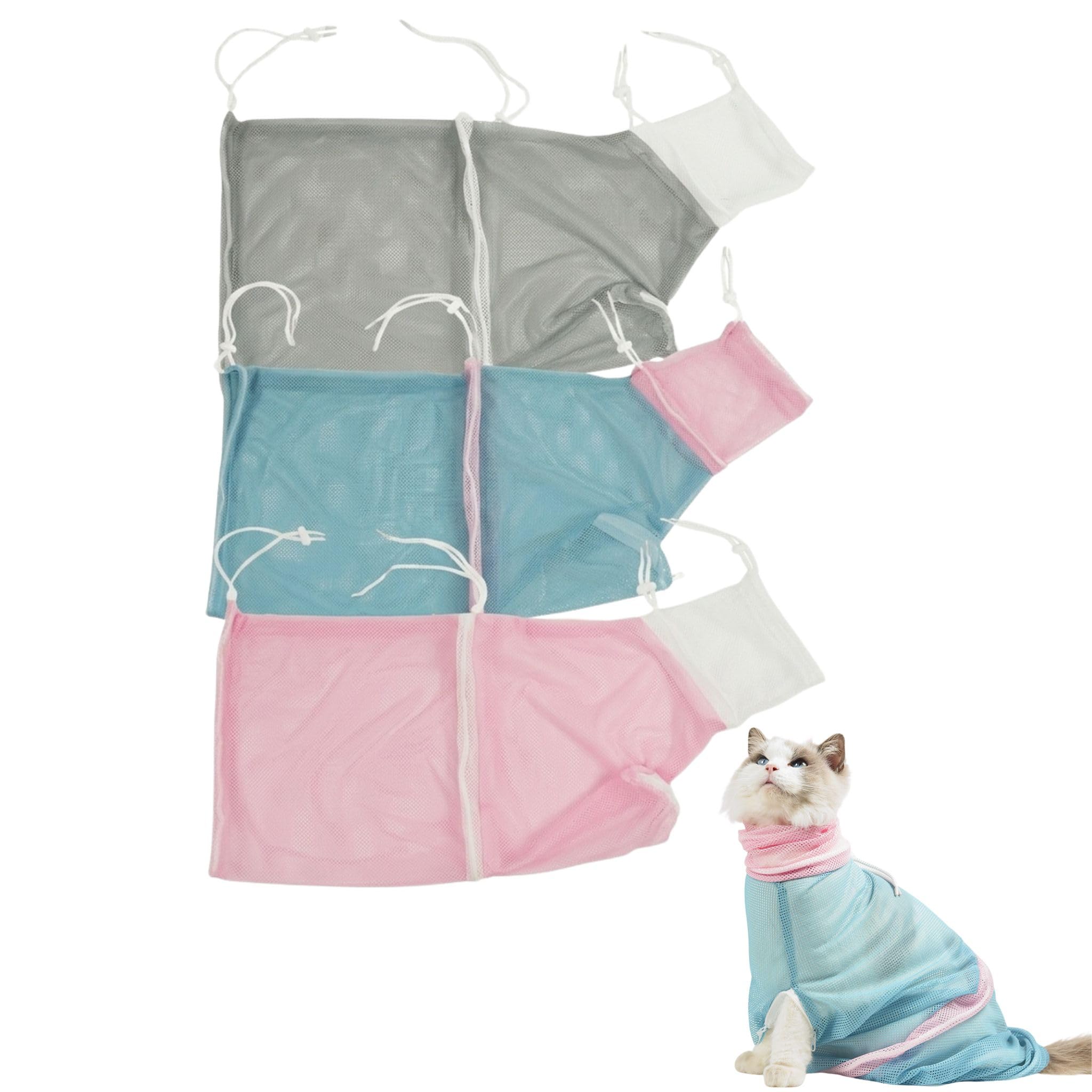 Valicaer 3 PCS Adjustable Cat Bathing Bag, Breathable Mesh Anti-Bite Anti-Scratch Pet Grooming Shower Bag for Cat Puppy Dog Bathing Nail Trimming, Gray Blue Pink