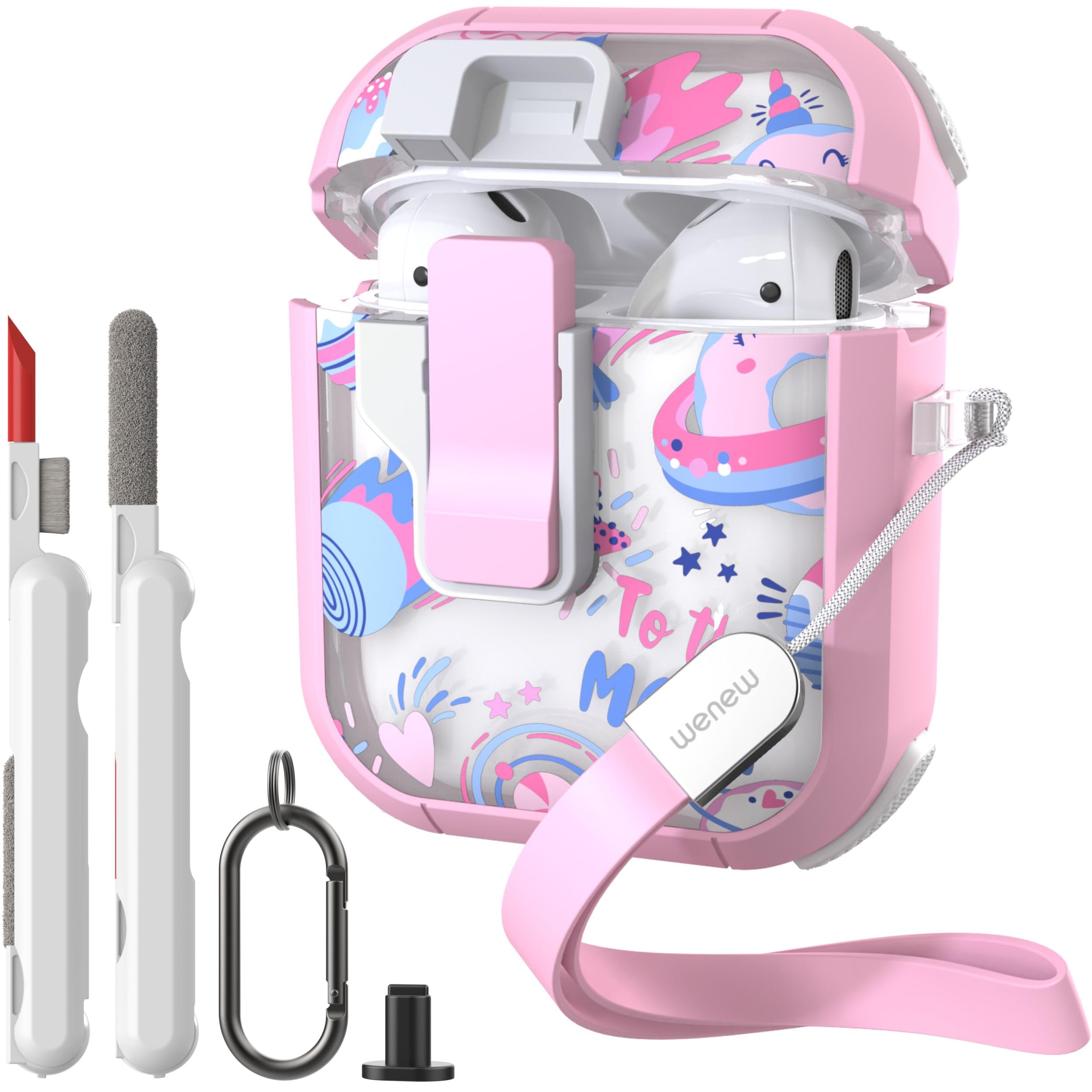 WENEW Case for AirPods 1 &amp; 2 Case Cover Secure Lock Automatic Snap Switch Clip Cleaner Kit Lanyard Women Stylish Flower Armour Hard Shell Full Body (Pink, AirPods 1st &amp; 2nd)