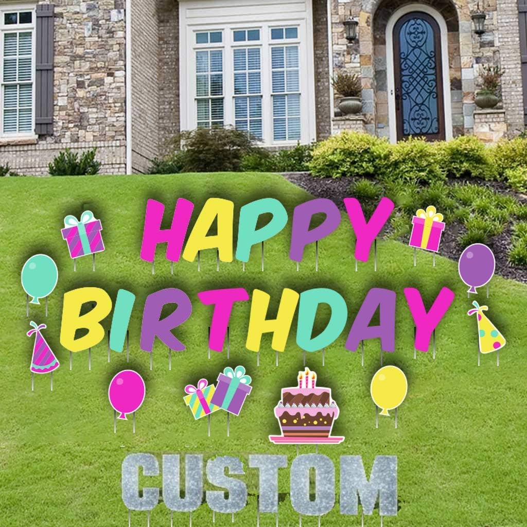 Happy Birthday Letters Yard Card PINK 23pc Set, Komika 16 Inch Letters, Add Custom Name in Black or Silver Sparkle Includes Stakes 13212