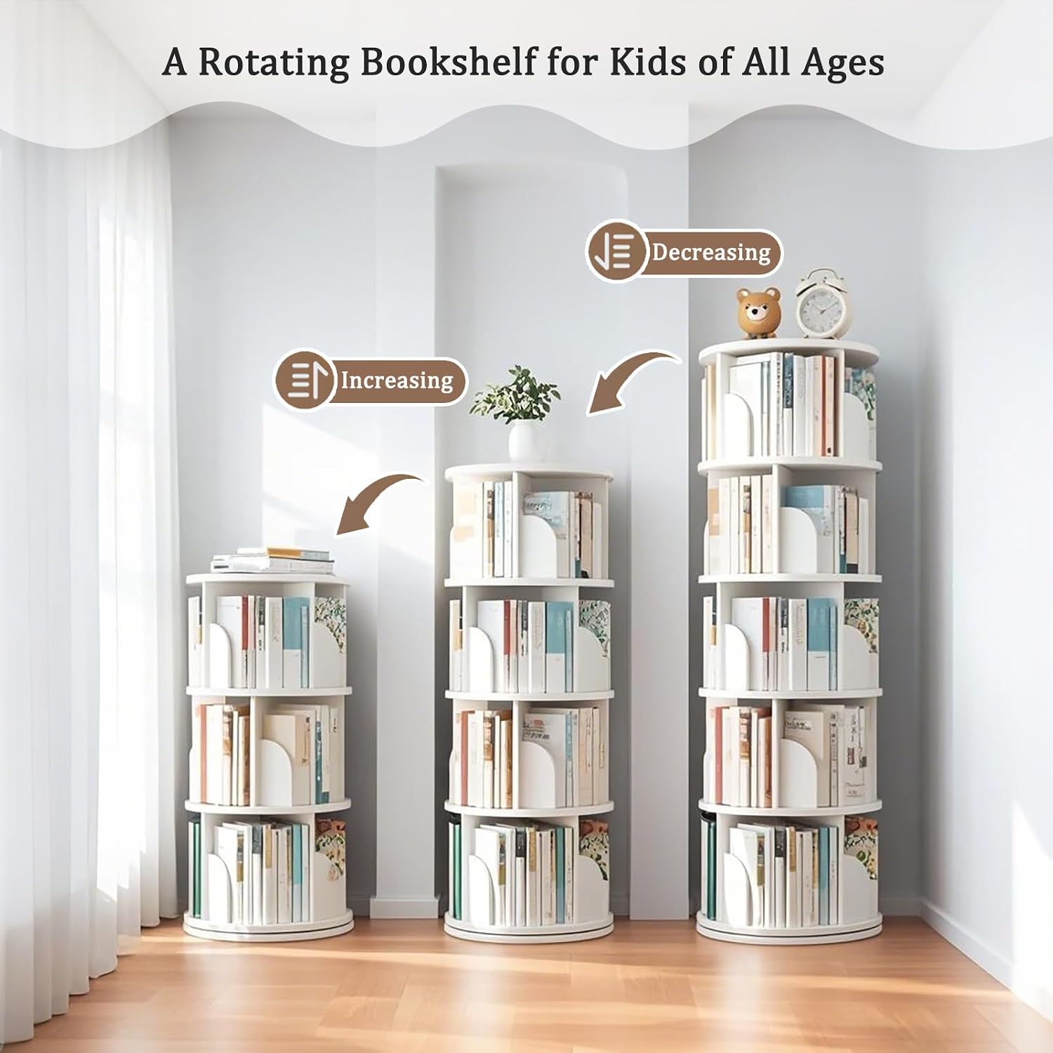 5 Tier Rotating Bookshelf Tower, 360° Revolving Bookcase, Round Spinning Book Shelf Kids, Small Corner Bookshelf for Living Room, Home, Office, White