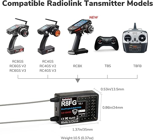 Miniatura 4 de Radiolink R8FG V2.1 8CH Gyro Receptor, 2.4GHz 1,968.5 ft de largo alcance Control de voltaje Telemetría, Water-Splash RX para control remoto RC