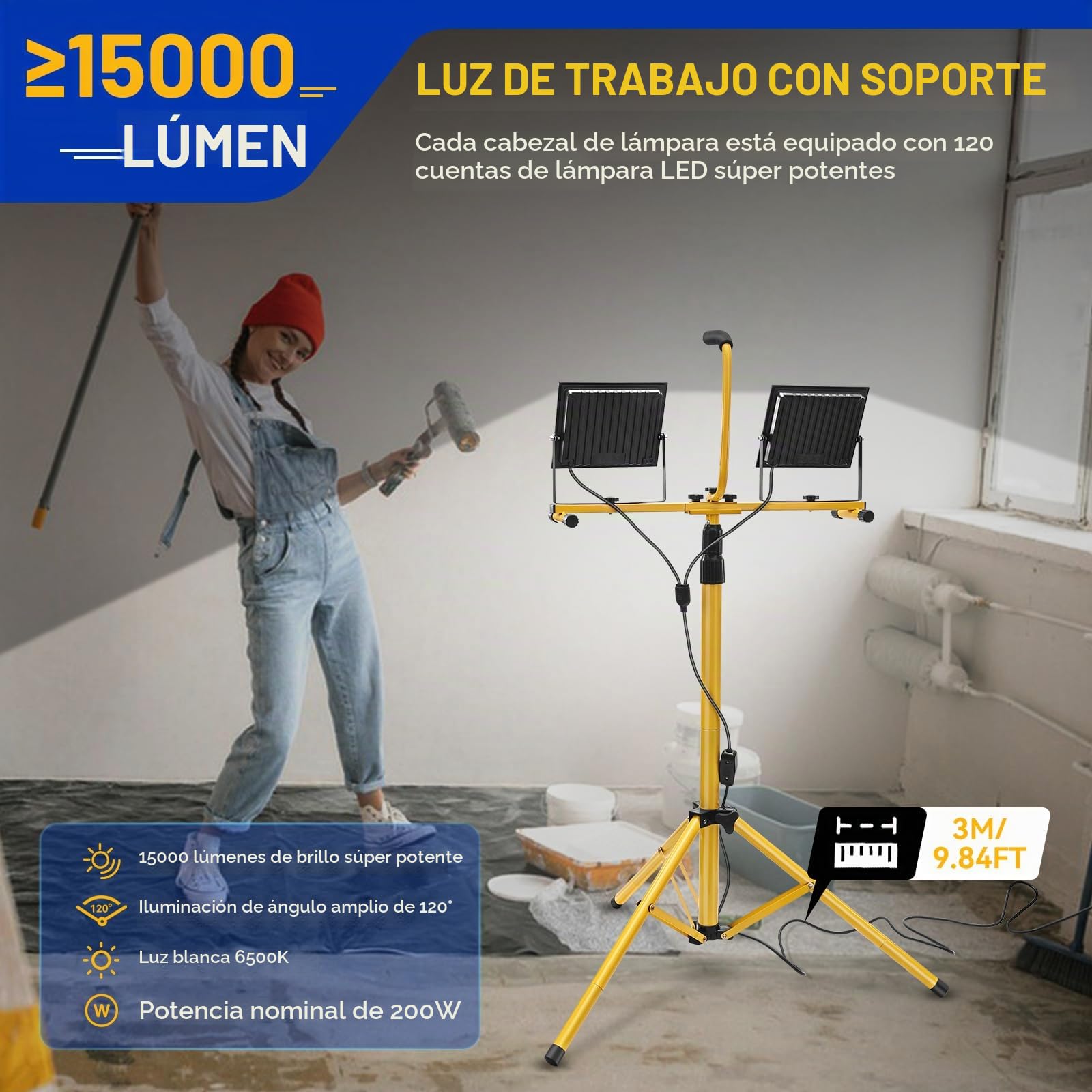 Yofuly 2x 100W Foco LED de Trabajo 21,000LM, Focos LED Portátil con Trípode Telescópico 1,6M, Lentes PC, IP66 Impermeable, con Cable de 3M, Luz de Trabajo para Obras, Jardines, Construcción