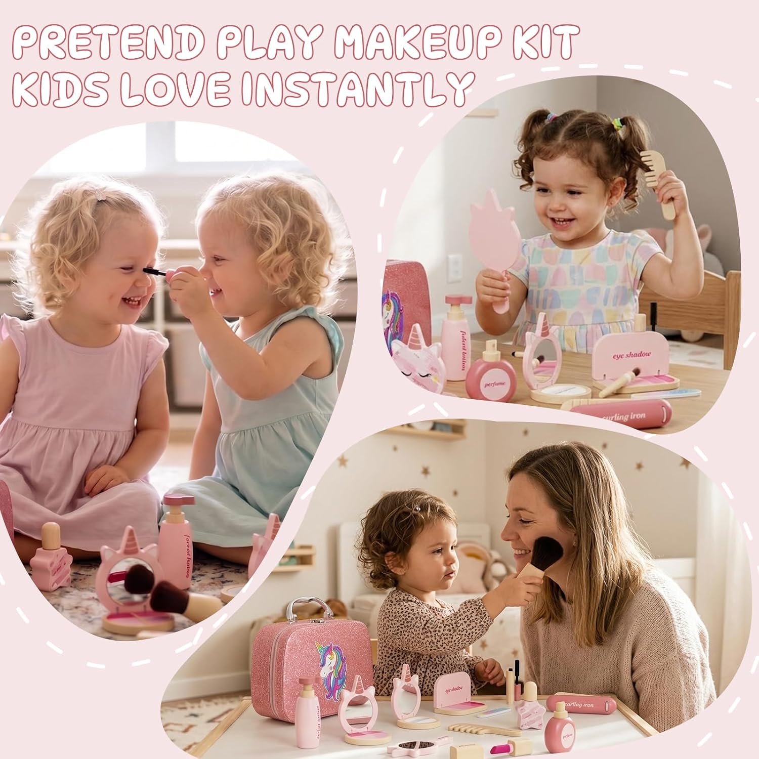 Wooden Pretend Play Makeup Kit for Girls, Pretend Makeup Toy Set for Toddlers 2-5 Years Old, Mess-Free Montessori Cosmetic Set Non Toxic Kid Makeup Play Set Perfect Beauty Girl Christmas Birthday Gift