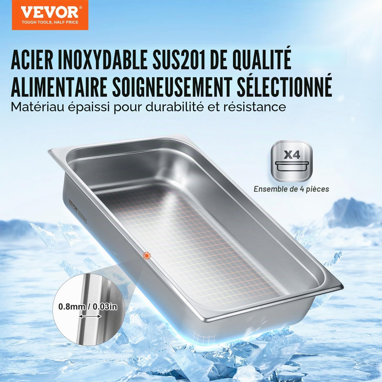 VEVOR Bac Gastronorme GN 1/1 Lot de 4, Récipient Inox pour Bain-marie 0,8 mm d'Épaisseur, Bac Inox Alimentaire avec Couvercle 10,7 cm de Profondeur, pour Chauffe-plats, Stockage, Restauration