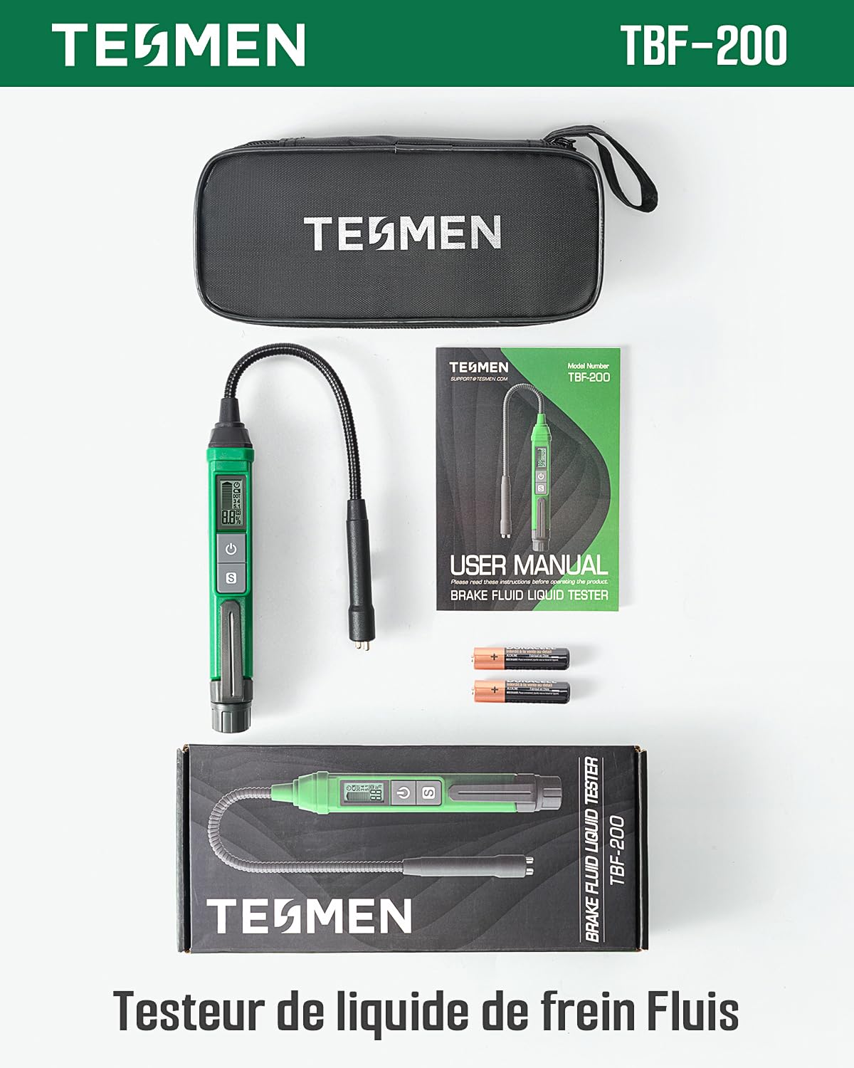 TESMEN TBF-200 Testeur de Liquide de Frein 8,5 Pouces, Sonde Flexible Résistante à la Corrosion, Haute Précision, Maintien des Données, Alarme 3 Couleurs pour DOT3, DOT4, DOT5.1 - Vert
