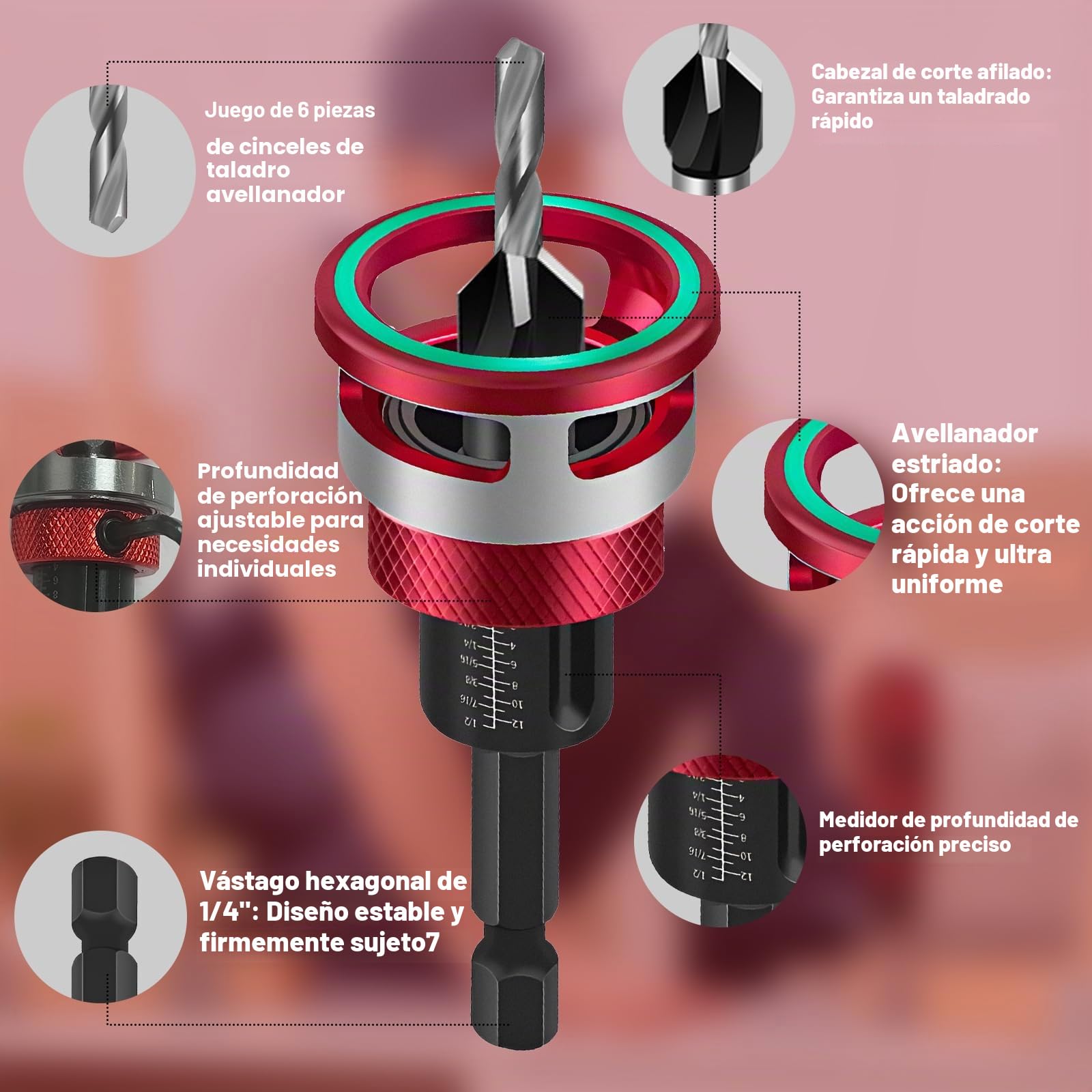 Broca Avellanadora Madera Taladro Avellanador con Tope de Profundidad, Diámetro de 2,8, 3,2, 3,5, 4 mm, Orificios Precisos, Para Procesamiento de Madera, Perforación
