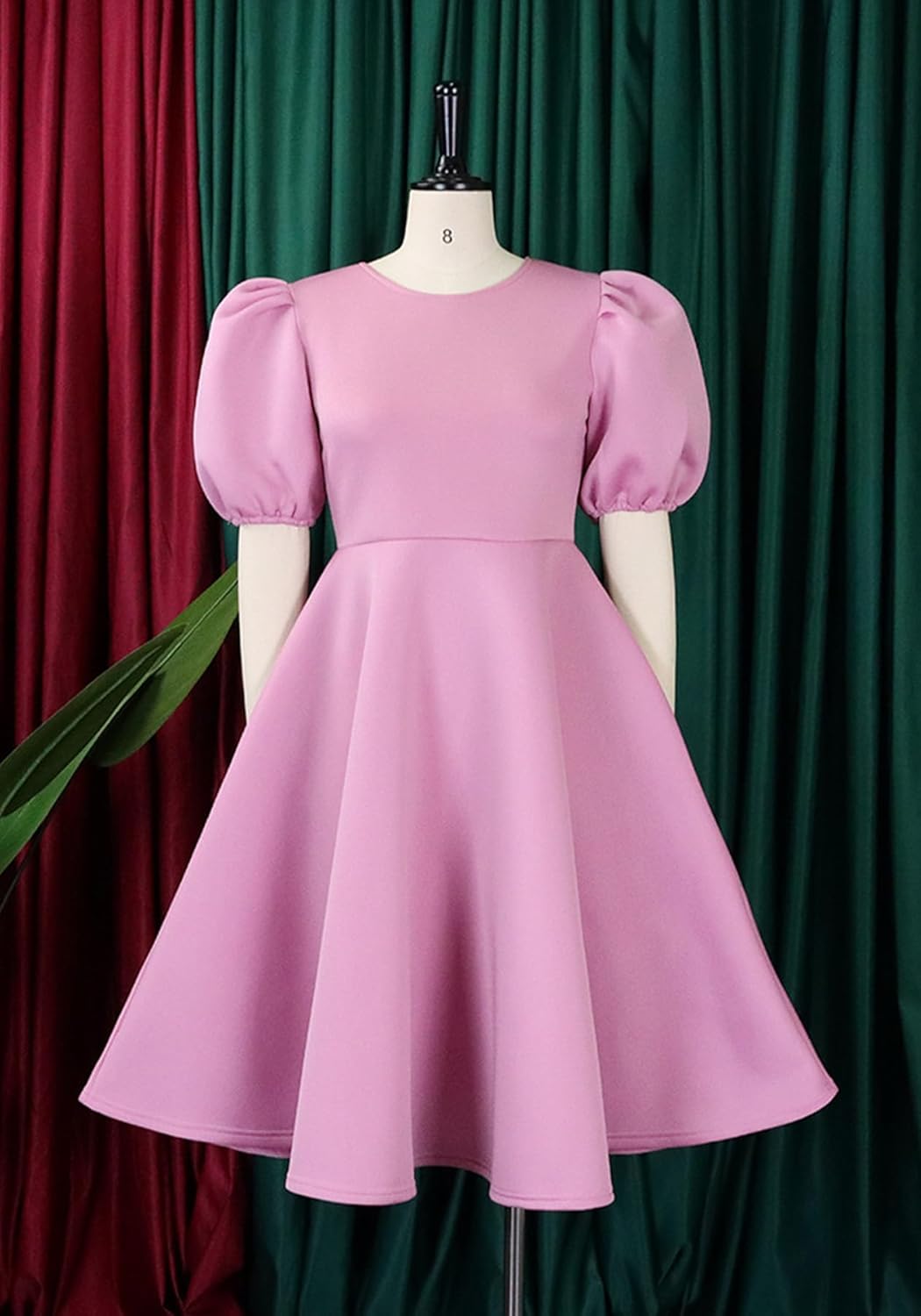 HuiSiFang Womens Elegant Pleated A Line Dress Short Bubble Sleeve Casual High Wasited Flare Midi Dresses - Image 3