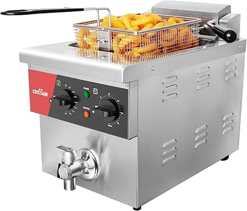 CROSSON Freidora eléctrica de mostrador de 8L con válvula de drenaje, canasta sólida y tapa para uso en restaurantes 120V, 1800W, acero inoxidable,