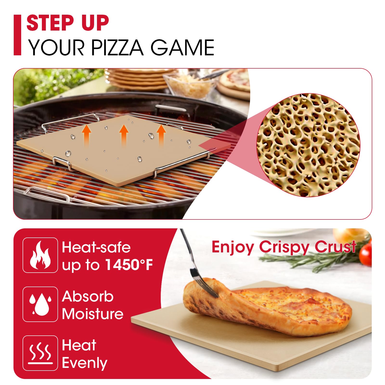 Unicook 30.5 x 30.5 cm Square Pizza Stone for Oven and Grill Cordierite Baking Stone for Bread Pie and Cookies - Image 3