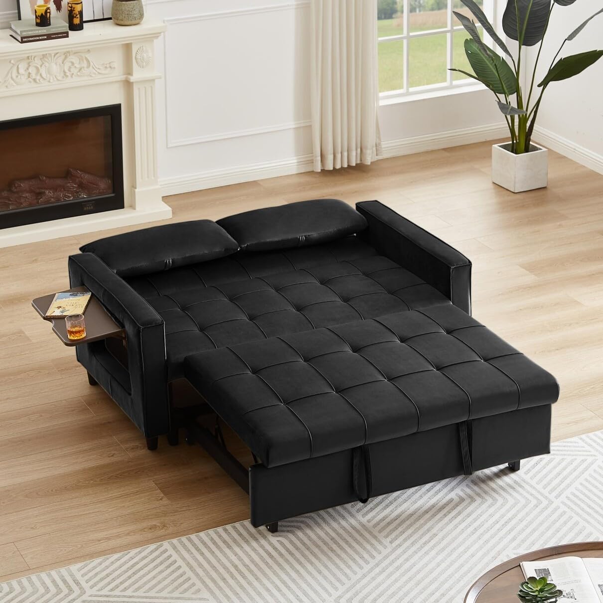 (incomplete box 1 box only) Convertible Sleeper Sofa Bed, Modern Velvet Sleeper Sofa Couch with Side Coffee Table and Pull-Out Bed, Small Love seat Sofa Bed with Reclining Backrest and Side Pockets for Living Room Black