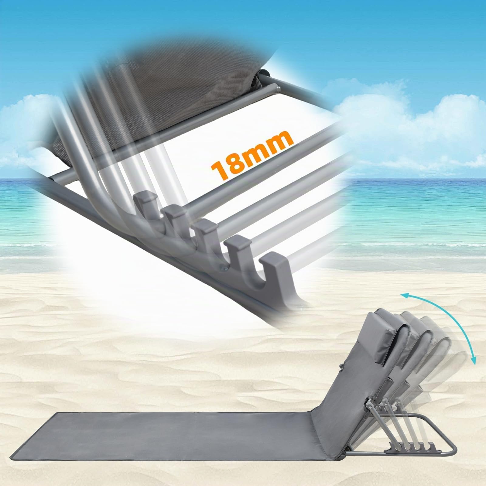 Lot de 2 Bain de Soleil, Chaise Longue, Tapis de Plage, Transat de Plage, avec Appui-tête - Bandoulières - Dossier Réglable 5 Positions, pour Camping, Jardin, Piscine, 160 x 52 cm, Gris