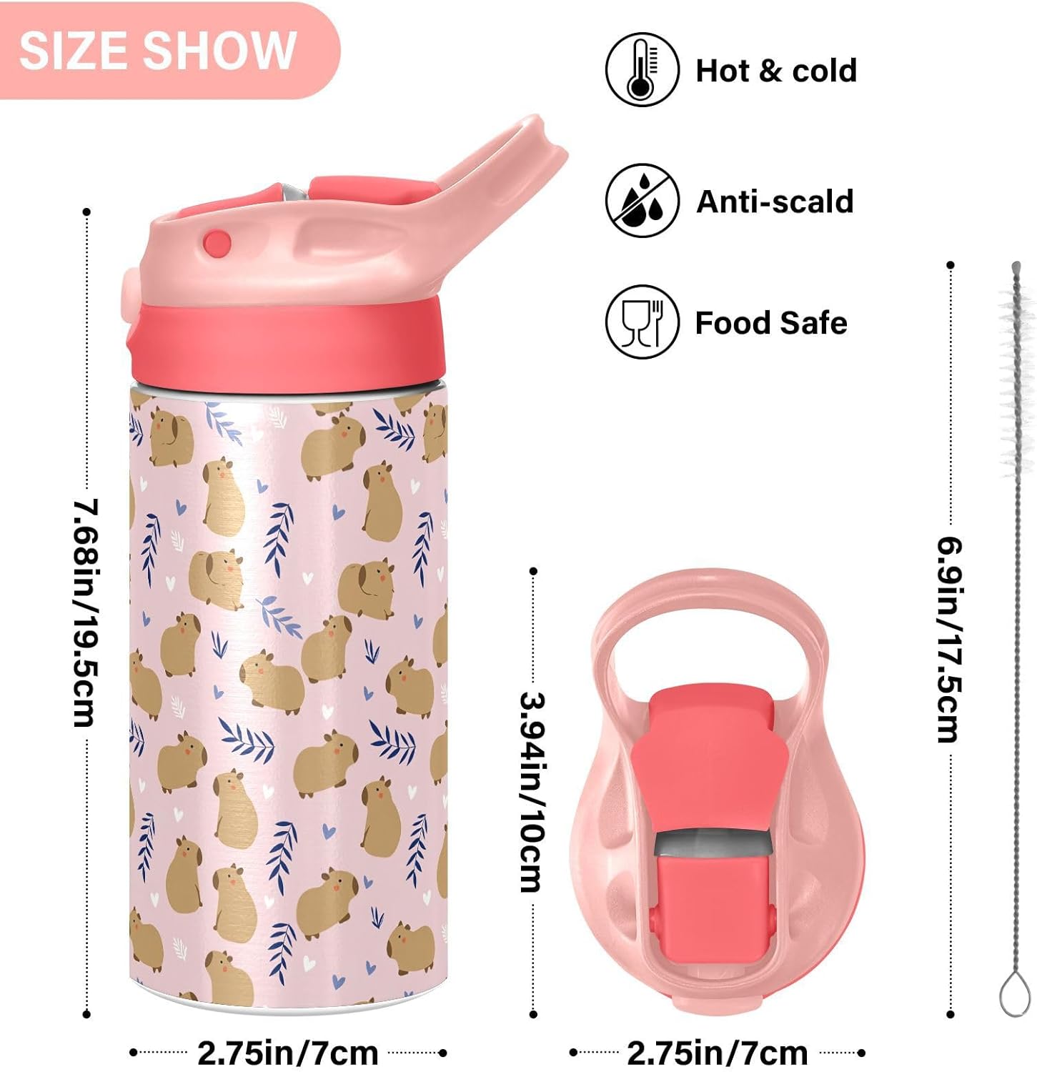 Cute Cat Kitty Girls Water Bottle with Straw and Carry Handle Cartoon Animals Pink Vacuum Insulated Stainless Steel Bottles Leak-Proof for Boys Kids Toddler 12 oz Pink Lid