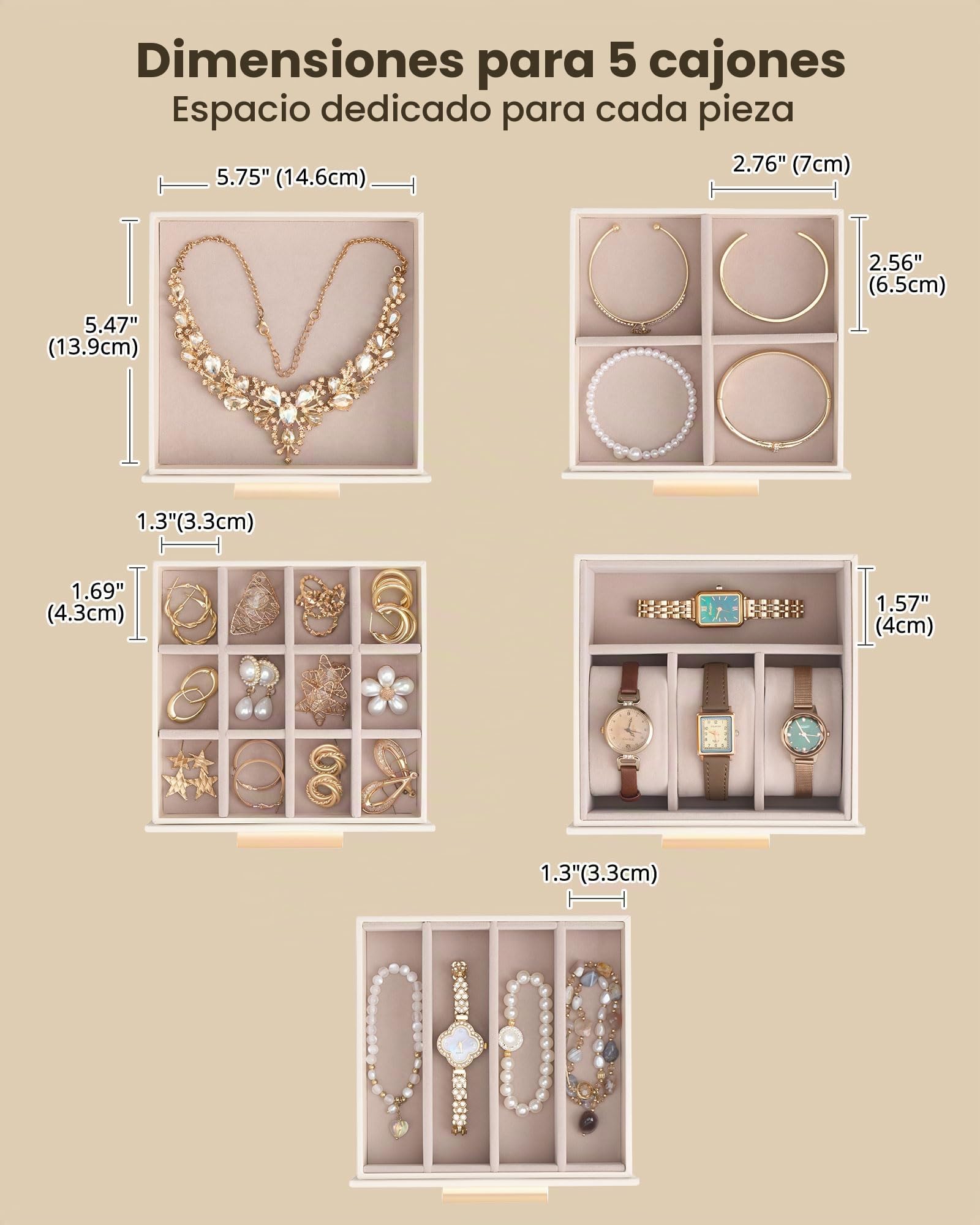 Lolalet Caja Organizadora de Joyas Grande 6 niveles con Espejo Beige | con Cerradura, para Anillos, Pendientes, Pulseras, Collares y Relojes. Ideal para Hogar y Regalos para Mujeres