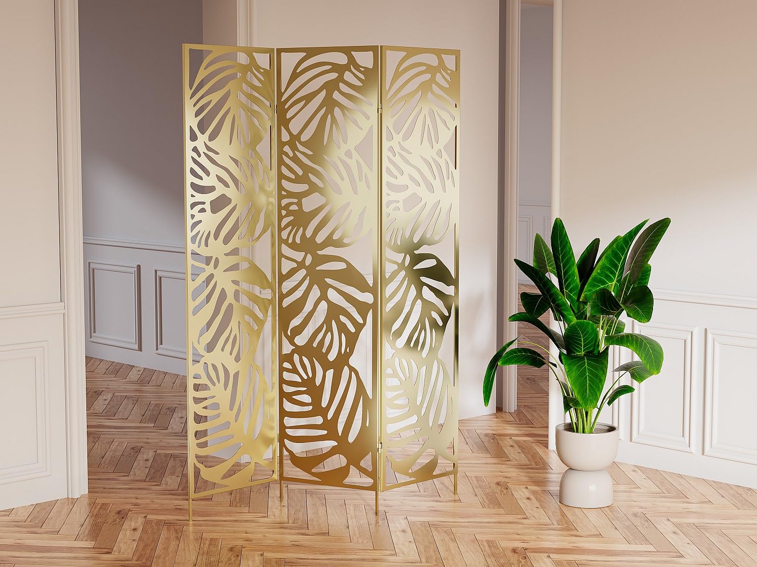 Vente-unique - Paravent ajouré Floral en métal 3 pans L. 123 x H. 180 cm - Doré - KODILA