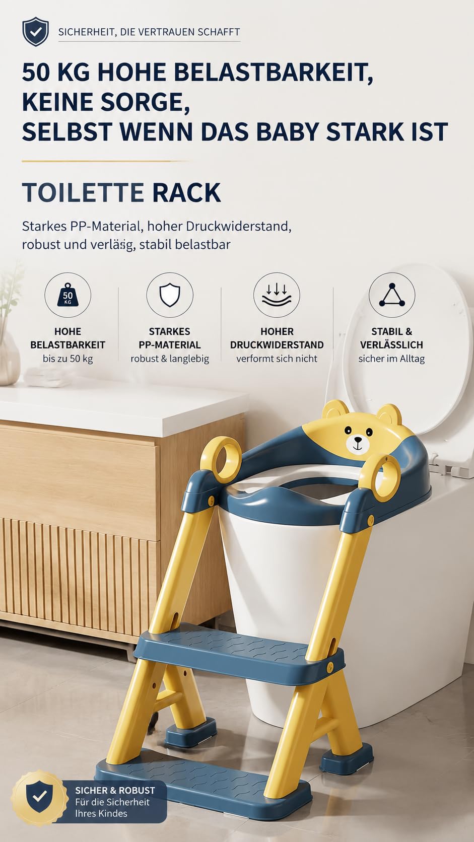 Toilettentrainer für Kinder für Jungen und Mädchen, 2 in 1 Kind Toilettensitz mit Treppe, Spritz und Rutschfestes Trittbrett, 6-stufig höhenverstellbar, PP/TPR/PVC Material，54 x 35 x 20 cm (Blau Gelb)