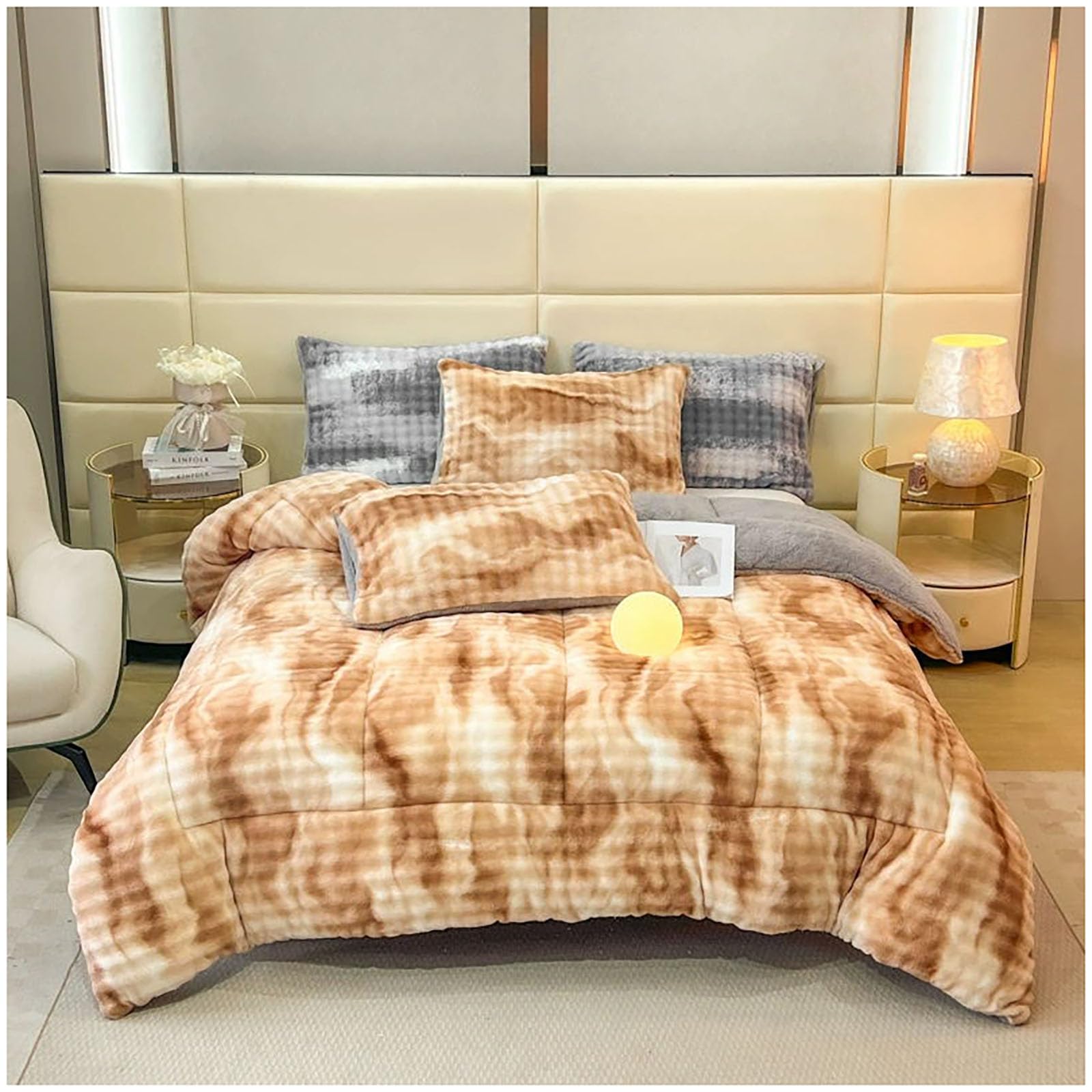 ZTGL Warmth Thicker Quilt Comforter, Super Soft Thick Winter Warm Blanket, Faux Rabbit Fur Weighted Blankets for Beds, Reversible Luxury Fluffy Fleece Double Bedding,Khaki,180x220cm(3.5kg)