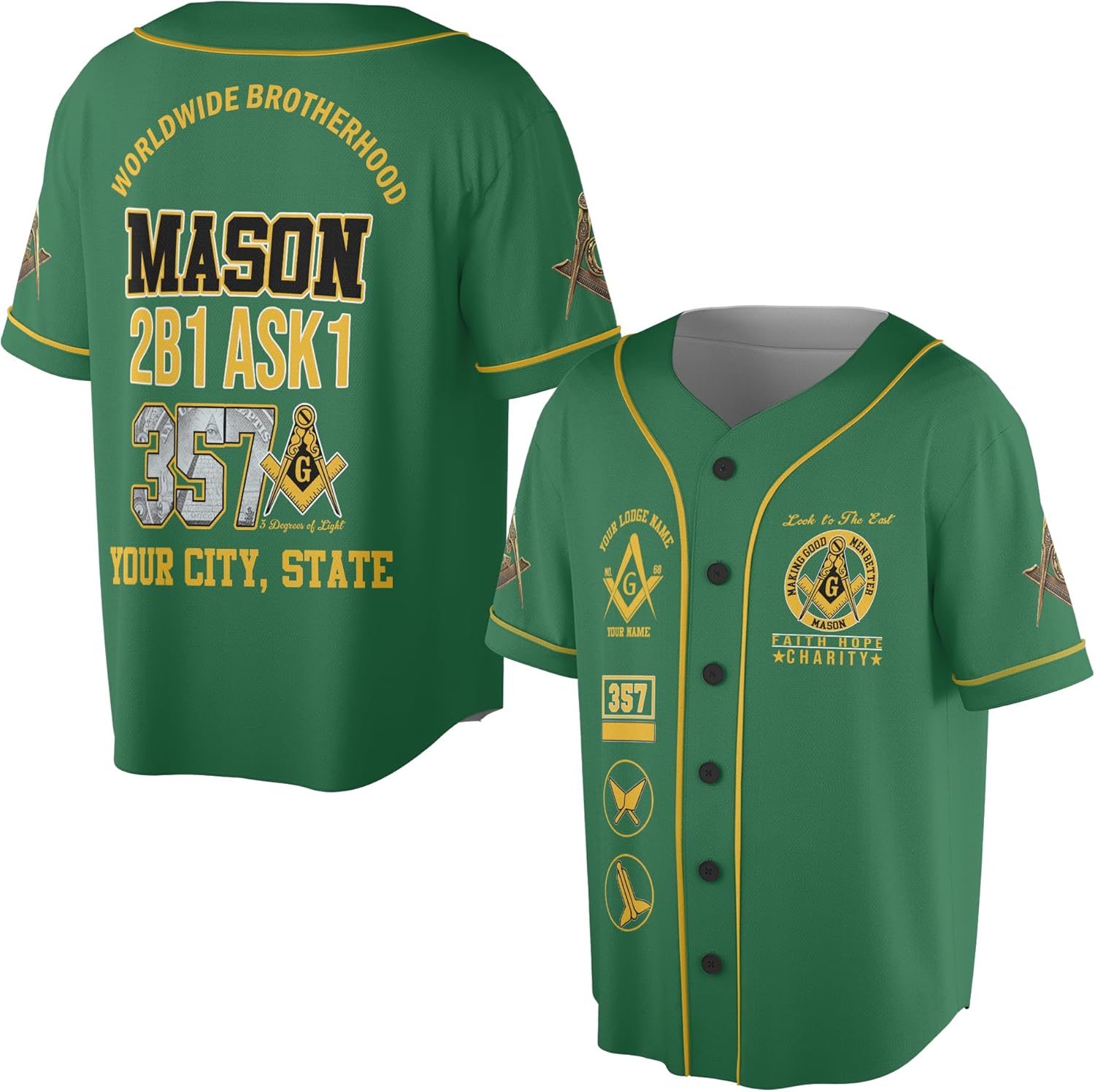 Customize Name, Lodge Name Masonic Worldwide Brotherhood Mason 2B1 Ask1 357 Freemason 3D Baseball Jersey S-5XL
