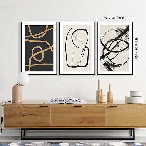 Miniatura 3 de SAFERRYHOME Arte de Pared Abstracto de Graffiti Blanco y Negro, Juego de Impresión en Lienzo Enmarcado en Negro y Dorado, Bocetos Geométricos de