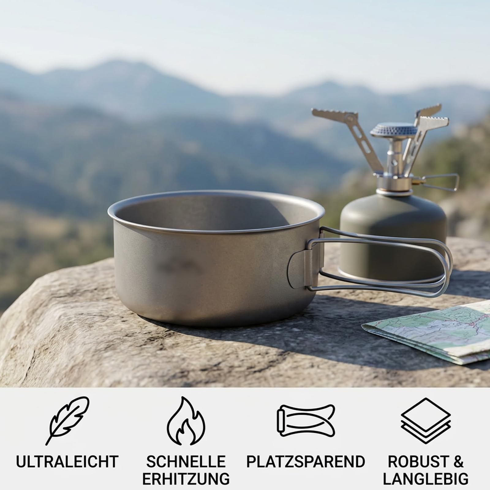 Camping Topf, Ultralight Outdoor-Kochgeschirr für Rucksackreisen, Kompaktes Bushcraft-Kochgeschirr mit faltbaren Griffen, Vielseitige Wärmequellenkompatibilität