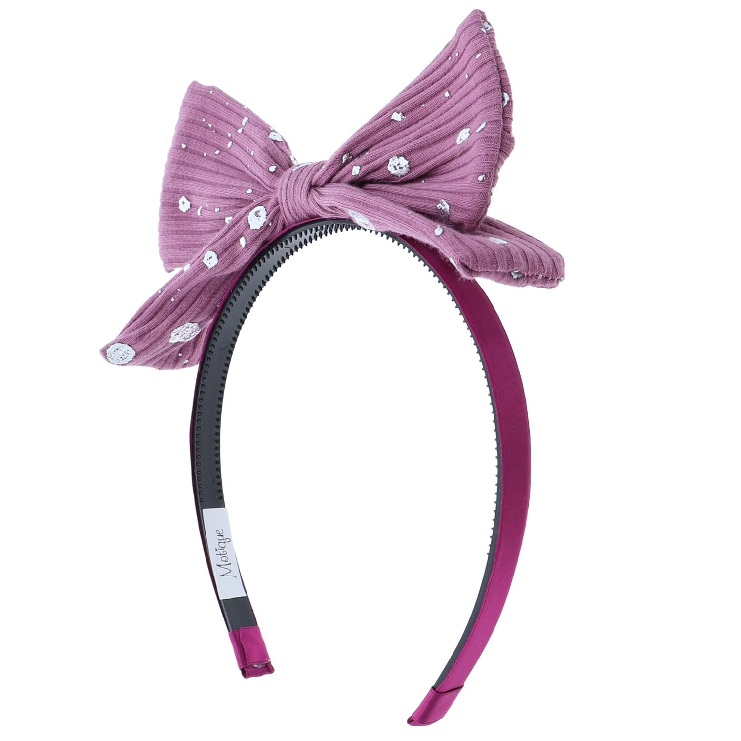 Motique Accessories Small Ribbed Pop Up Bow Headband With Silver Splatter For Girls-Rose