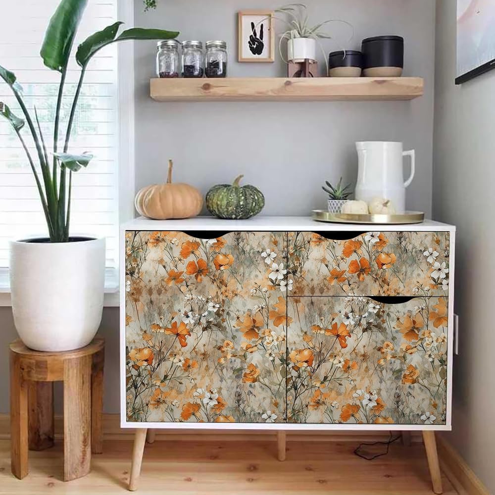 18"x236" Boho Orange Brown Wildflower Peel and Stick Self Adhesive Wallpaper Removable Contact Paper Stick on Easy Peel Off Wall Paper for Kitchen Bedroom Bathroom