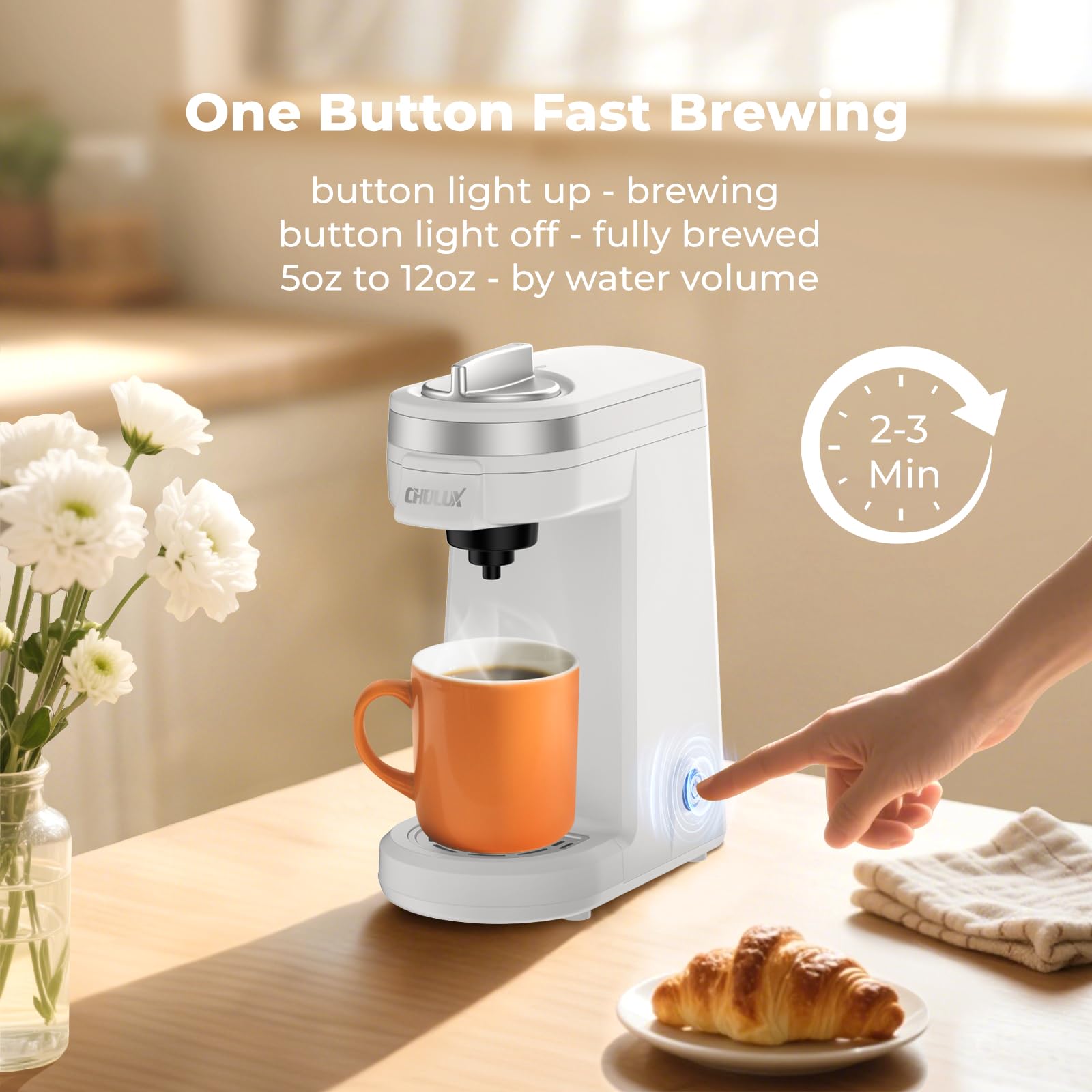 CHULUX Mini cafetera de viaje 2 en 1 para cápsulas K y café molido, cafetera de una sola porción para taza americana, cafetera de cápsulas ligeras, blanco perla