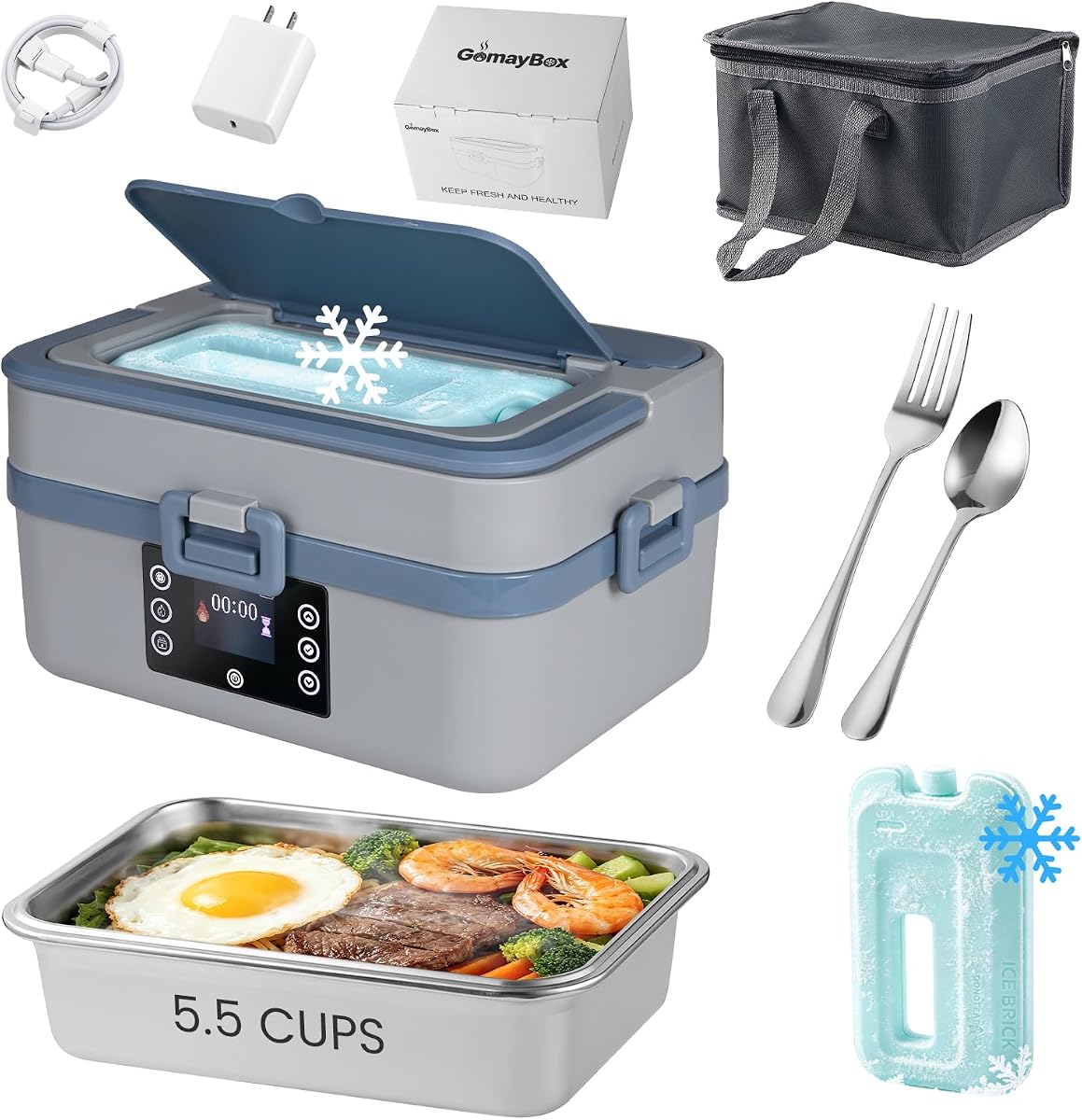 Cordless Heated Lunch Box with Ice Pack Portable Electric Food Container Warmer for Adult Rechargeable Bento Box