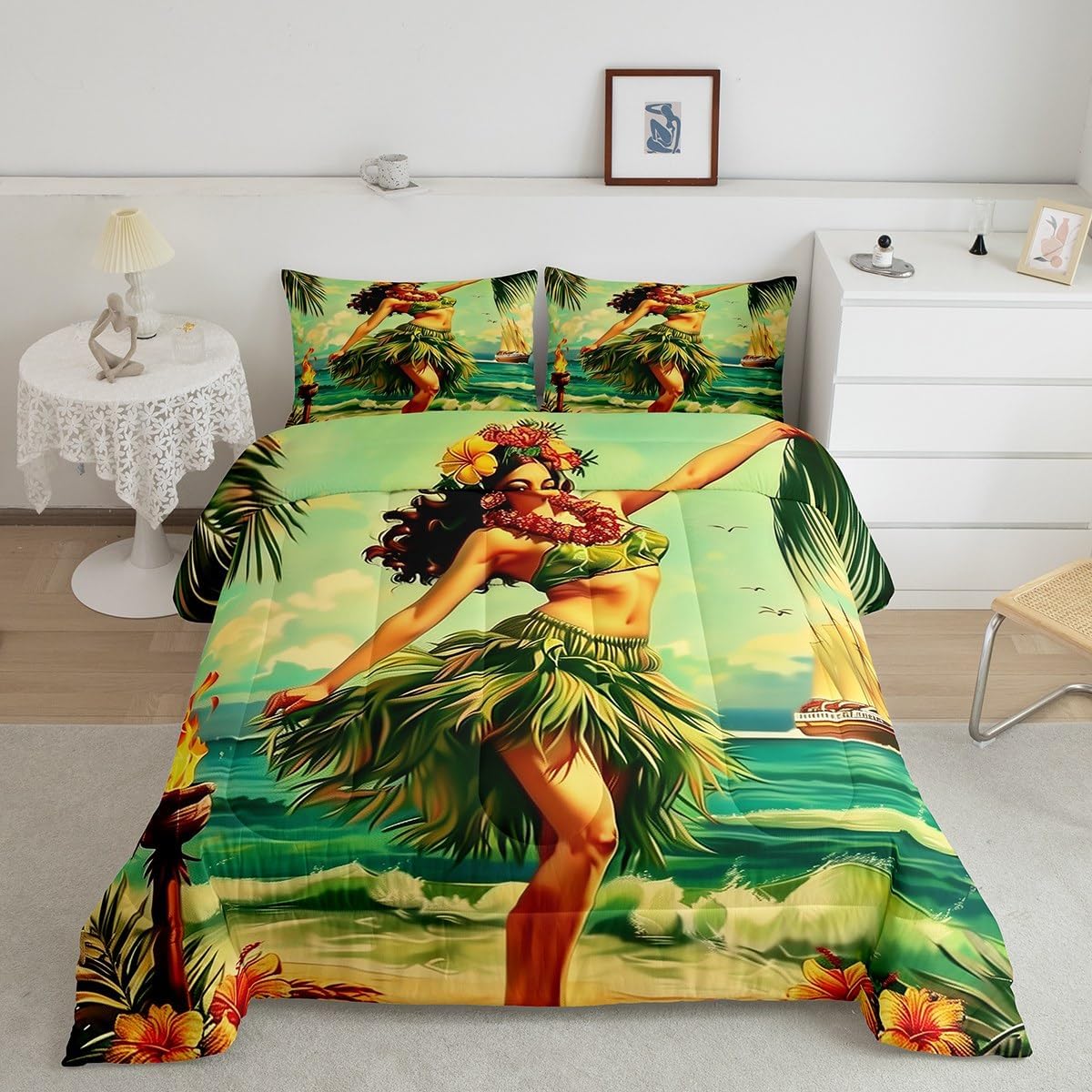 Erosebridal Tiki Bar Bedding Comforter Sets Hula Girl Hawaiian Beauty Bedding Set Tropical Palm Leaves Comforter Set Summer Ocean Sailboat Quilt Duvet Full Size for Kids Boys Girls