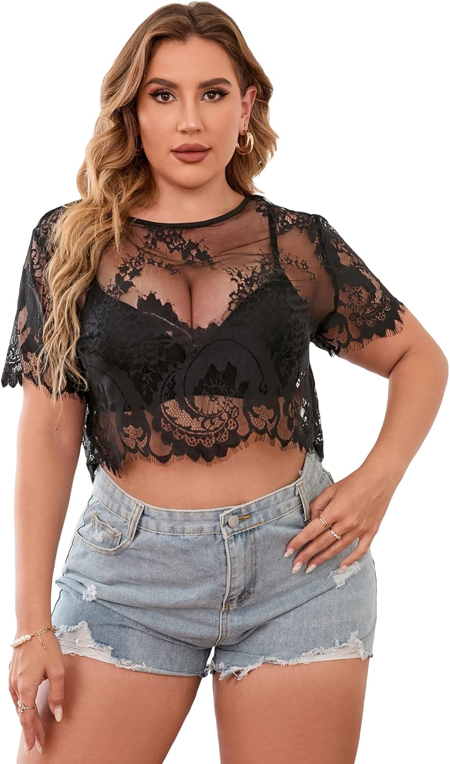 WDIRARA Women's Plus Size Floral Lace Tee Shirts See Through Short Sleeve Crop Tops