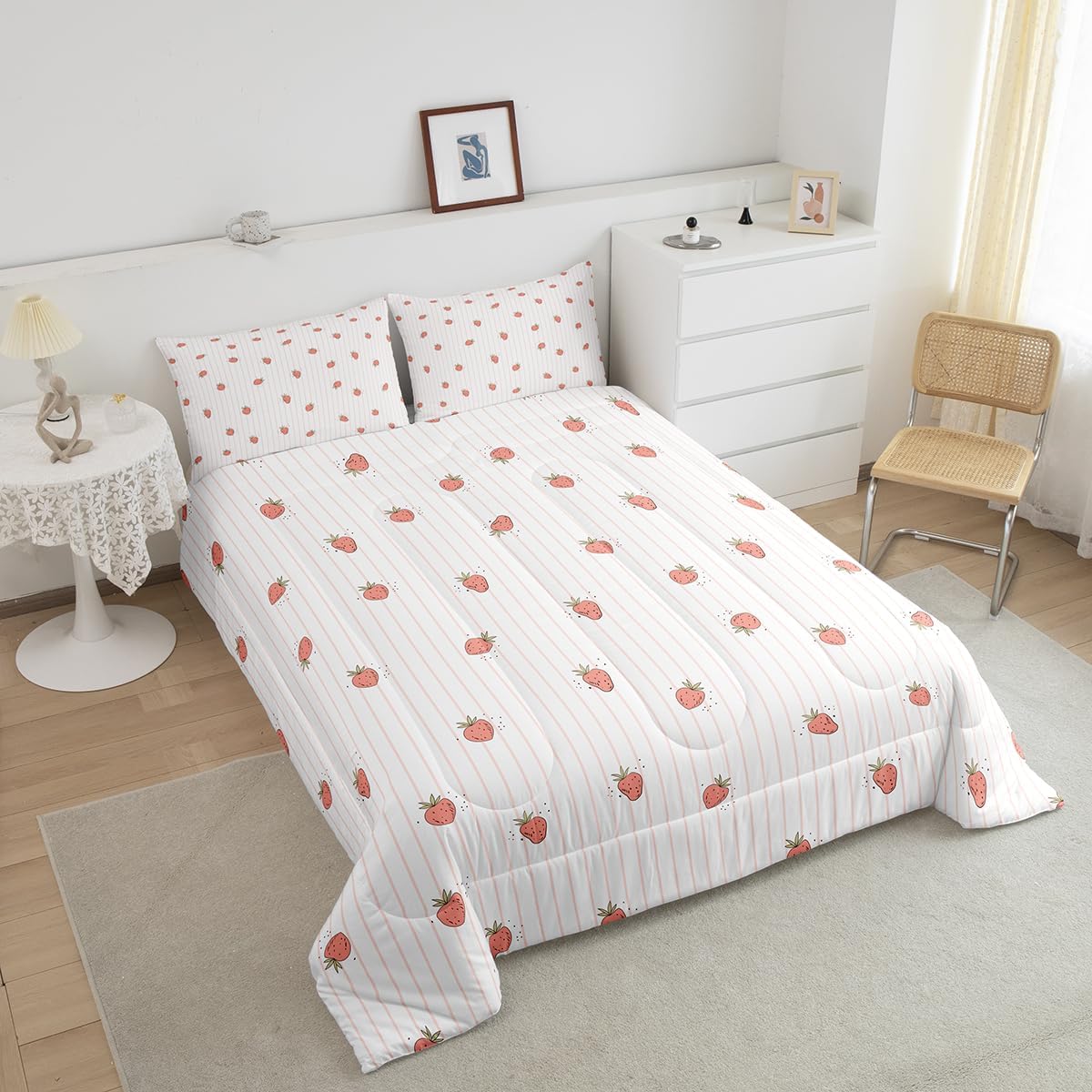Feelyou Cute Strawberry Comforter Set for Girls Twin Size Kawaii Bedding with 1 Pillowcase