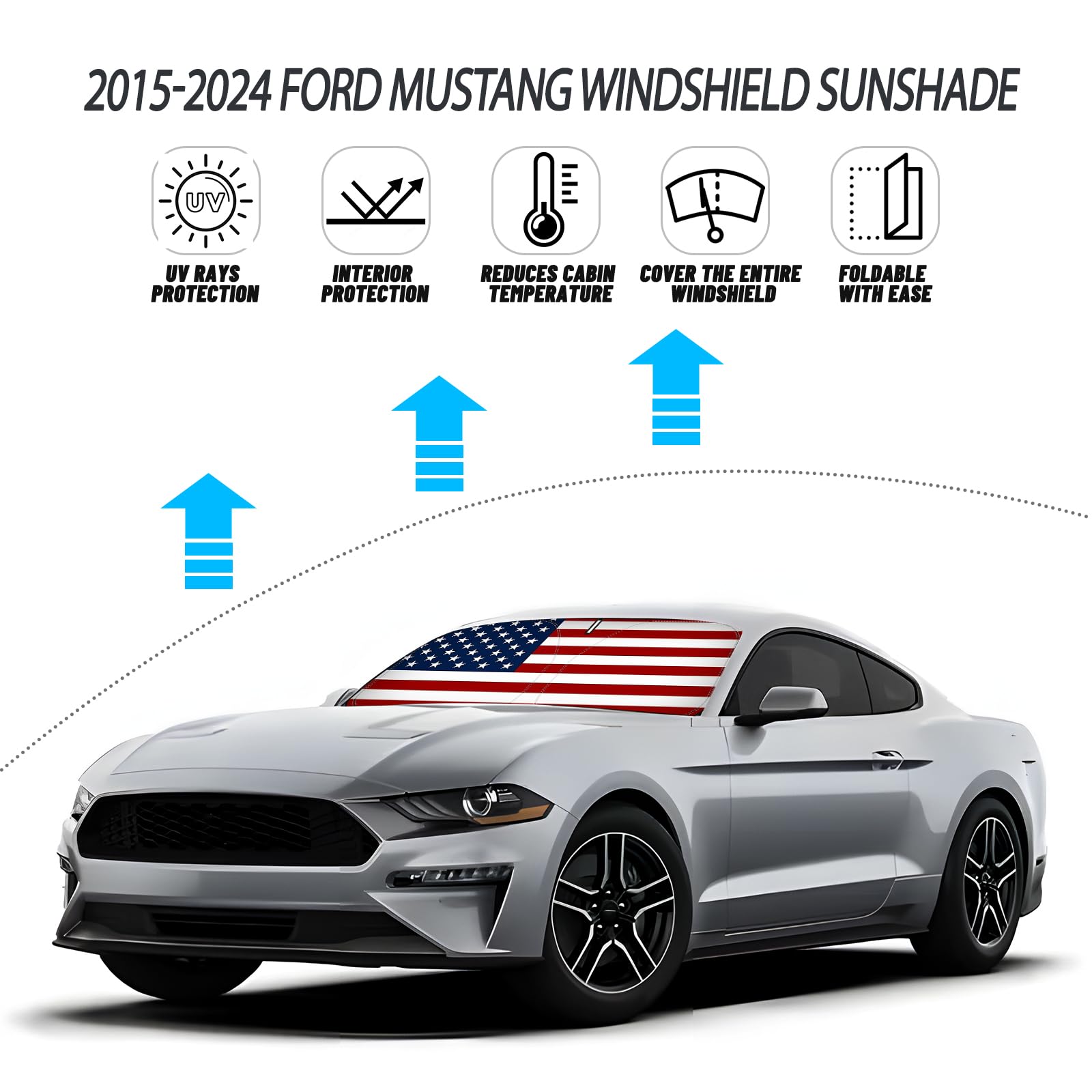 D-Lumina Pare-Soleil pour Pare-Brise Drapeau américain pour Fo-RD Mustang 2015-2023 (ne Convient Pas pour Fo-RD Mustang Mach-E), Pare-Soleil de fenêtre Avant, Pare-Soleil Bloque Les Rayons UV de la