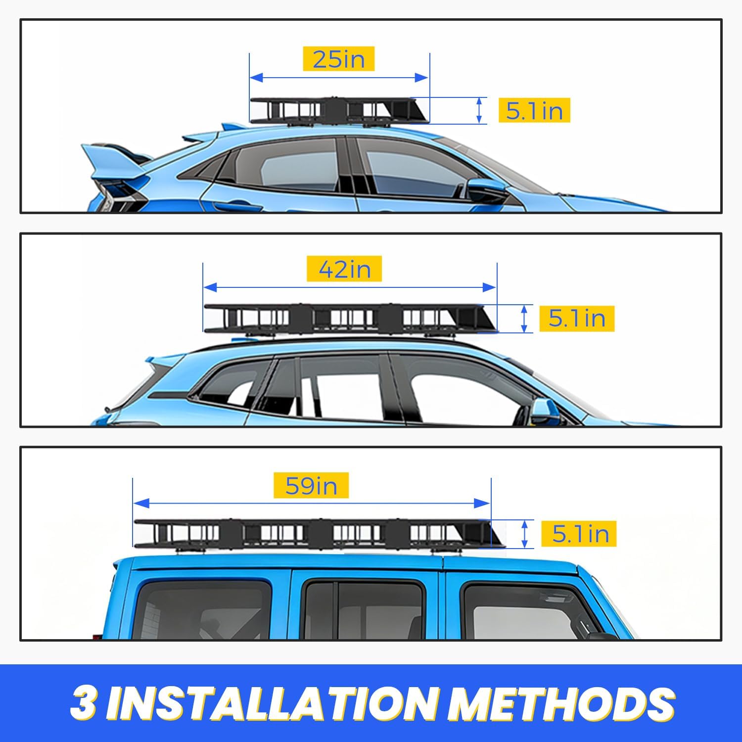 Diagram showing the adjustable lengths of the roof rack: 25 inches, 42 inches, and 59 inches